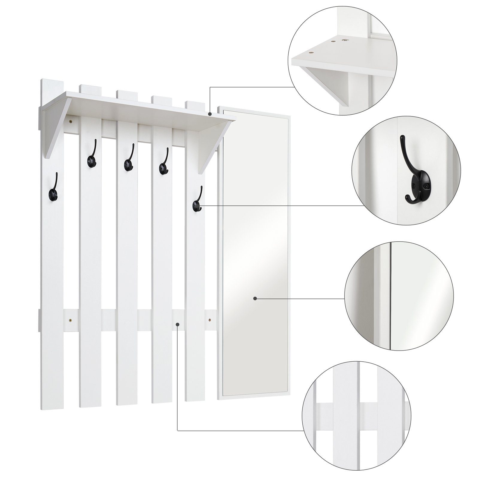 Mondeer Garderobenpaneel Garderobe mit Spiegel, Wandhalter mit 5 Häkchen, 100 x 106 x 22 cm – Bild 5 von 5
