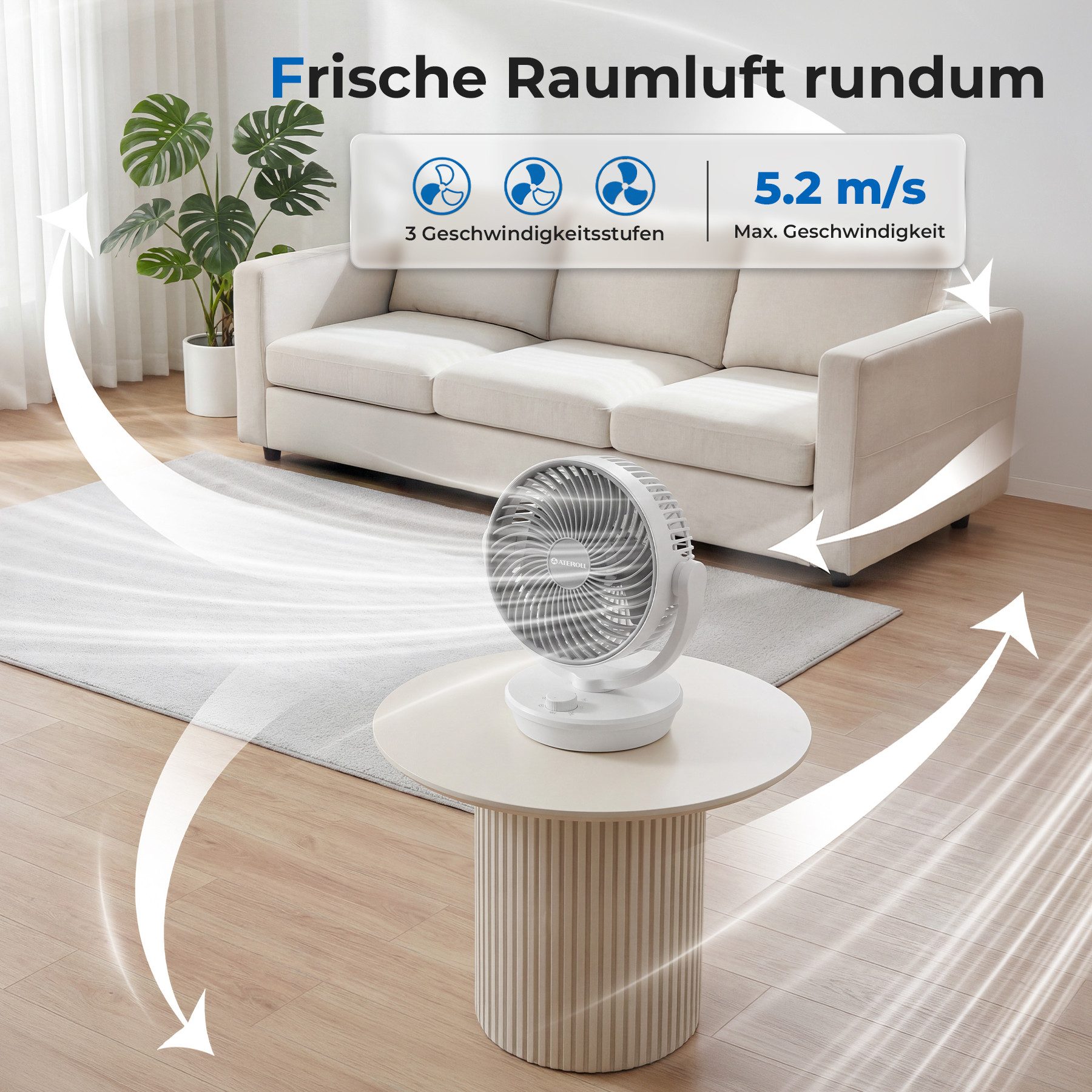 ATEROLL Tischventilator leiser Ventilator,100° Oszillation & 130° manuelle Neigungsverstellung, Umluftventilator für Schlafzimmer Wohnzimmer Büro Küchen