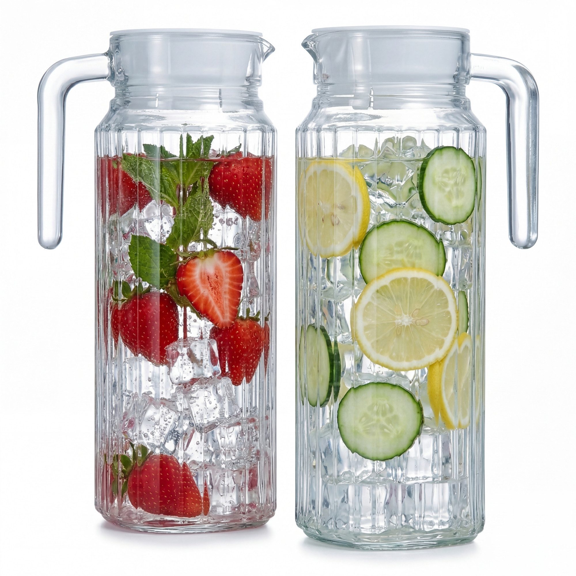 BigDean Wasserkrug Kühlschrankkrug 1,1 Liter Glaskrug mit Deckel, (Packung, 2-tlg., Wasserkaraffe), Feststizender Deckel, Schlanke Form, Robustes Borosilikatglas