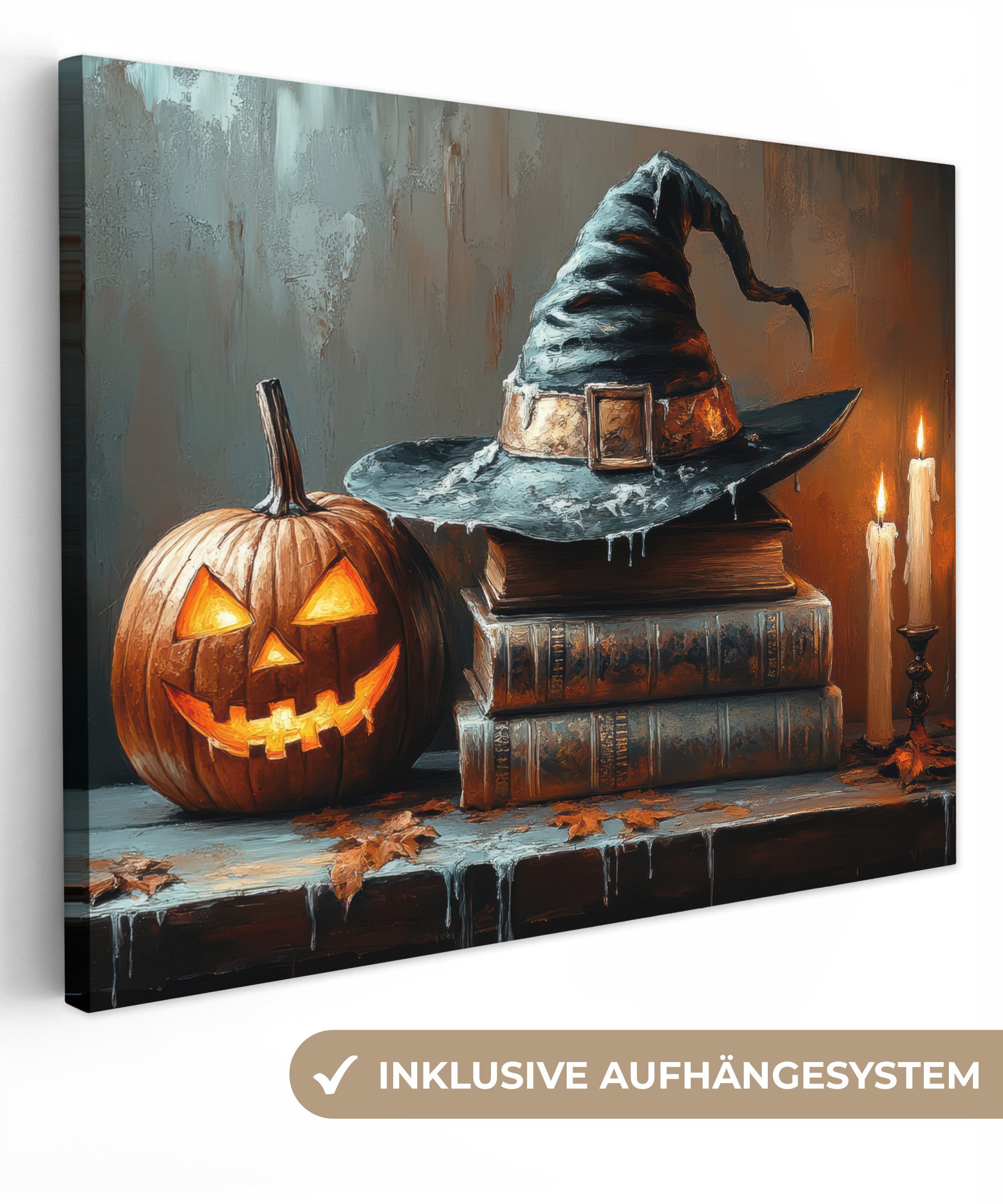 OneMillionCanvasses® Leinwandbild Halloween - Stillleben - Hexenhut - Kürbis - Hexe, Fotodruck (1 St), Wandbild Leinwandbilder, Aufhängefertig, Wanddeko 40x30 cm