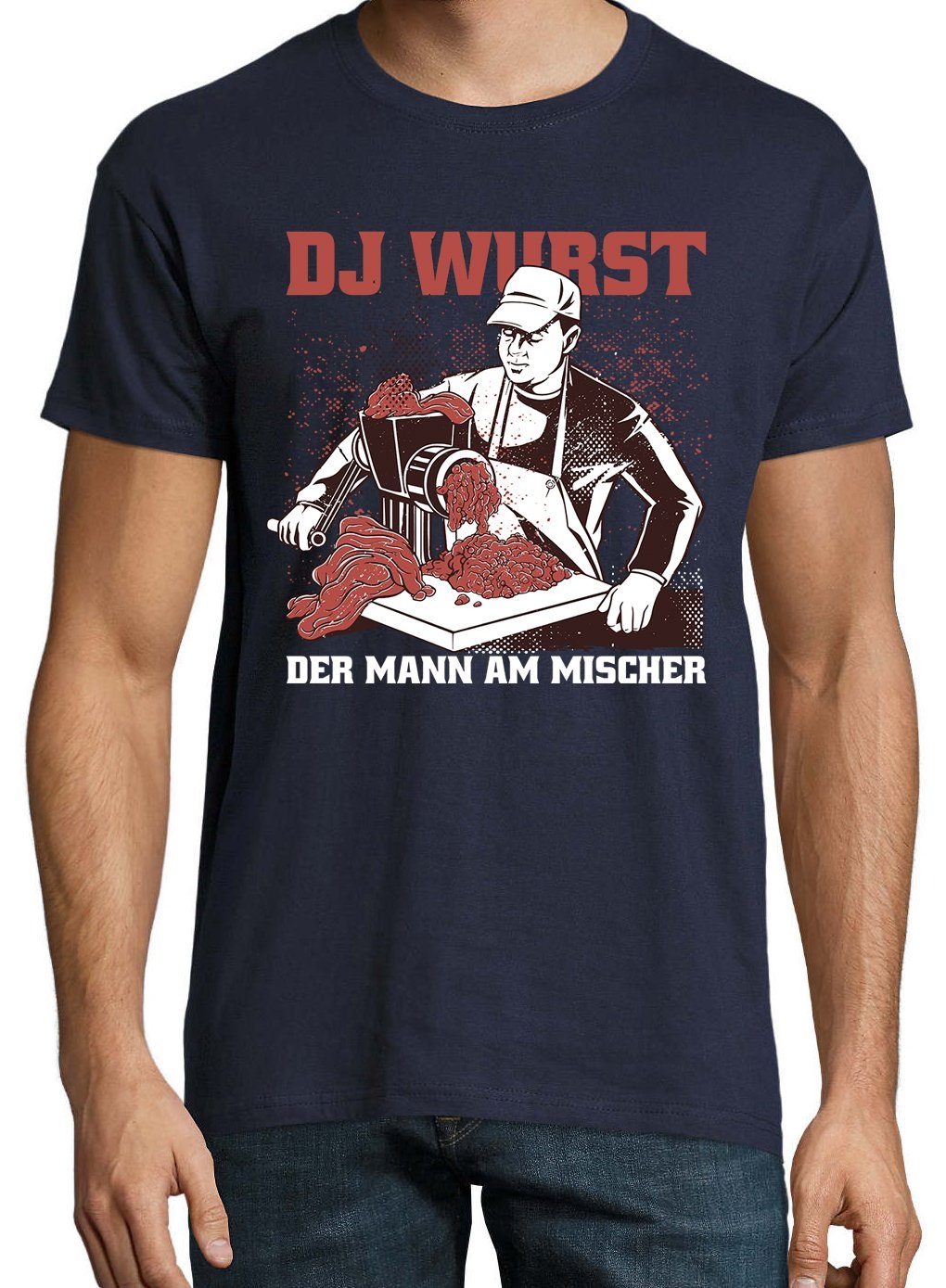 Wurst Shirt T-Shirt Fleischer Herren Youth lustigem mit DJ Designz Navyblau Frontprint