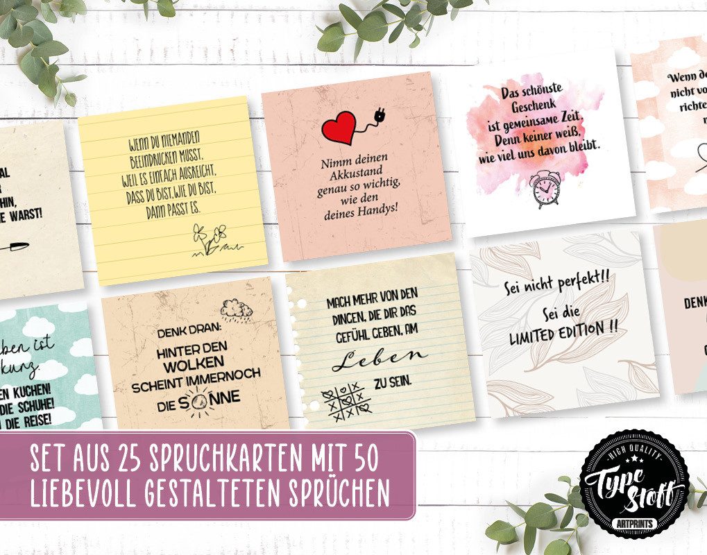 TypeStoff Grußkarten TypeStoff Spruchkarten Set Hygge 25 Karten 50 Sprüche 10,5x10,5 cm, 50 Sprüche auf 25 Karten 300 g/m² FSC-Papier Format 10,5 x 10,5 cm