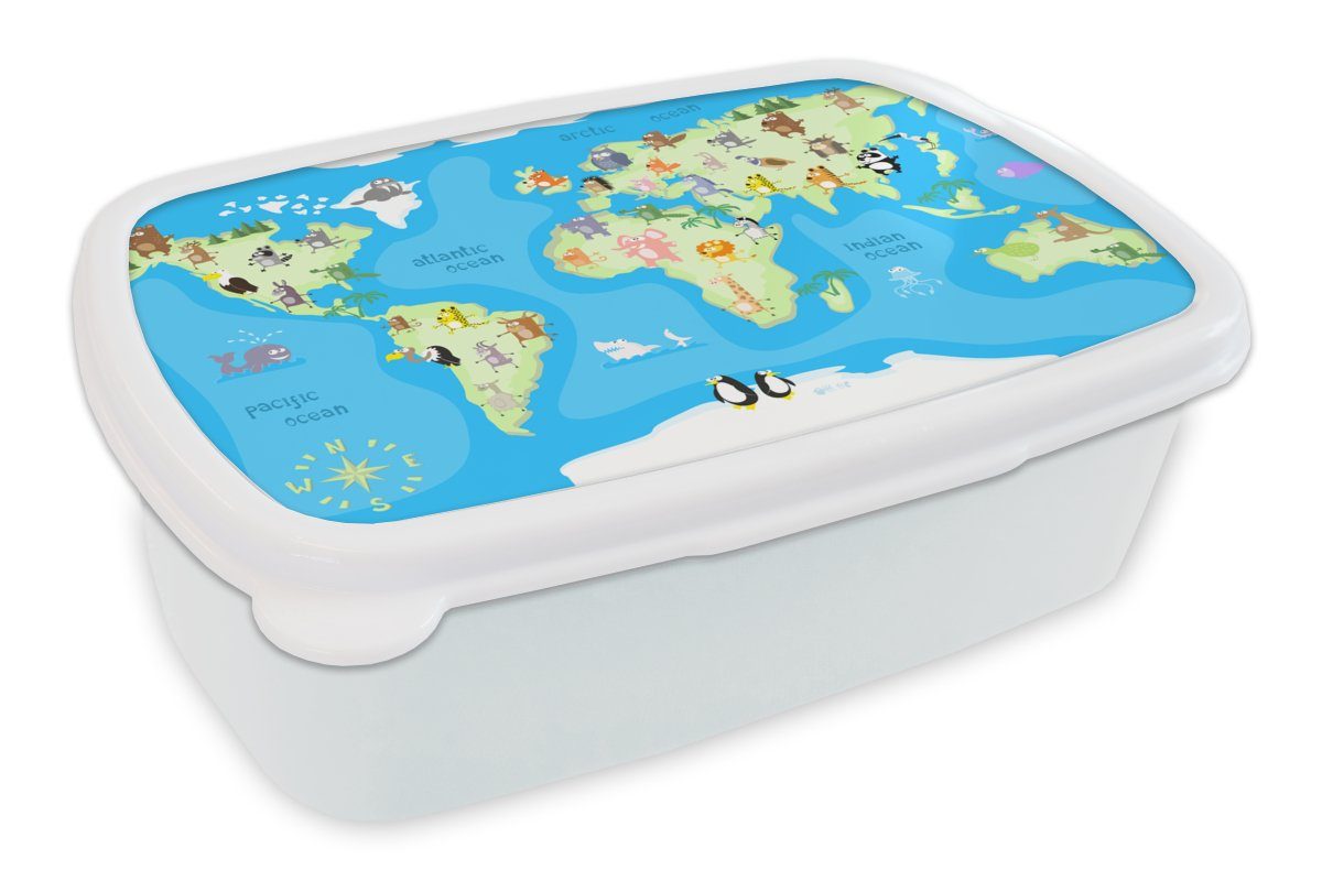 MuchoWow Lunchbox Weltkarte - Kind - Tiere - Blau - Jungen - Mädchen, Kunststoff, (2-tlg), Brotbox für Kinder und Erwachsene, Brotdose, für Jungs und Mädchen weiß
