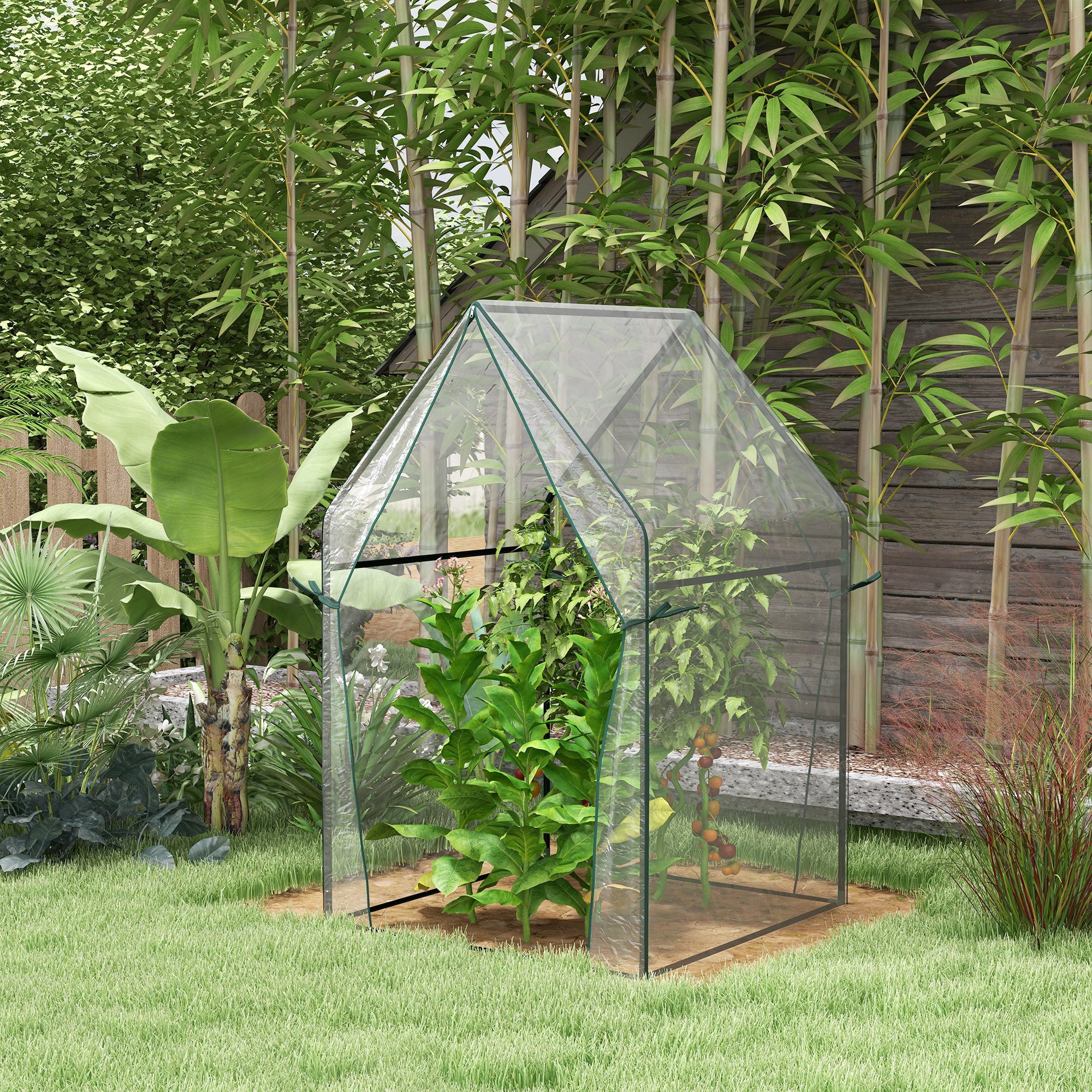 Outsunny Foliengewächshaus Gewächshaus, Treibhaus mit Doppeltür für Garten, BxTxH: 90 x 90 x 145 cm, BxLxH: 90 x 90 x 145 cm, 0.1 mm Wandstärke, Pflanzenhaus 1-St., Tomatenhaus, PE, transparent, 90 x 90 x 145 cm