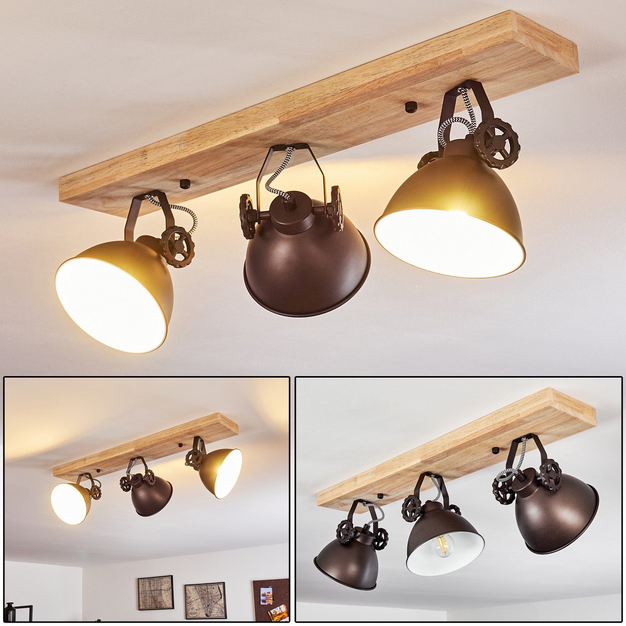 3xE14, »Mot« verstellbaren in mit Leuchtmittel, Retro/Vinatge hofstein aus Design Strahlern, Deckenleuchte ohne Schwarz-Braun/Natur, Deckenlampe Metall/Holz