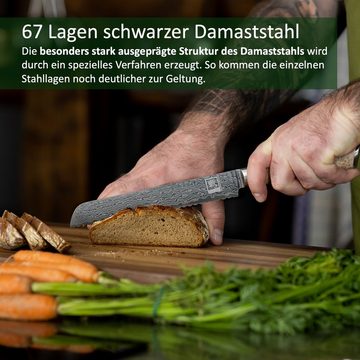 ZAYIKO Brotmesser Kinone Damast Brotmesser mit Wellenschliff Wurzelholzgriff Birke, dunkler Damaststahl
