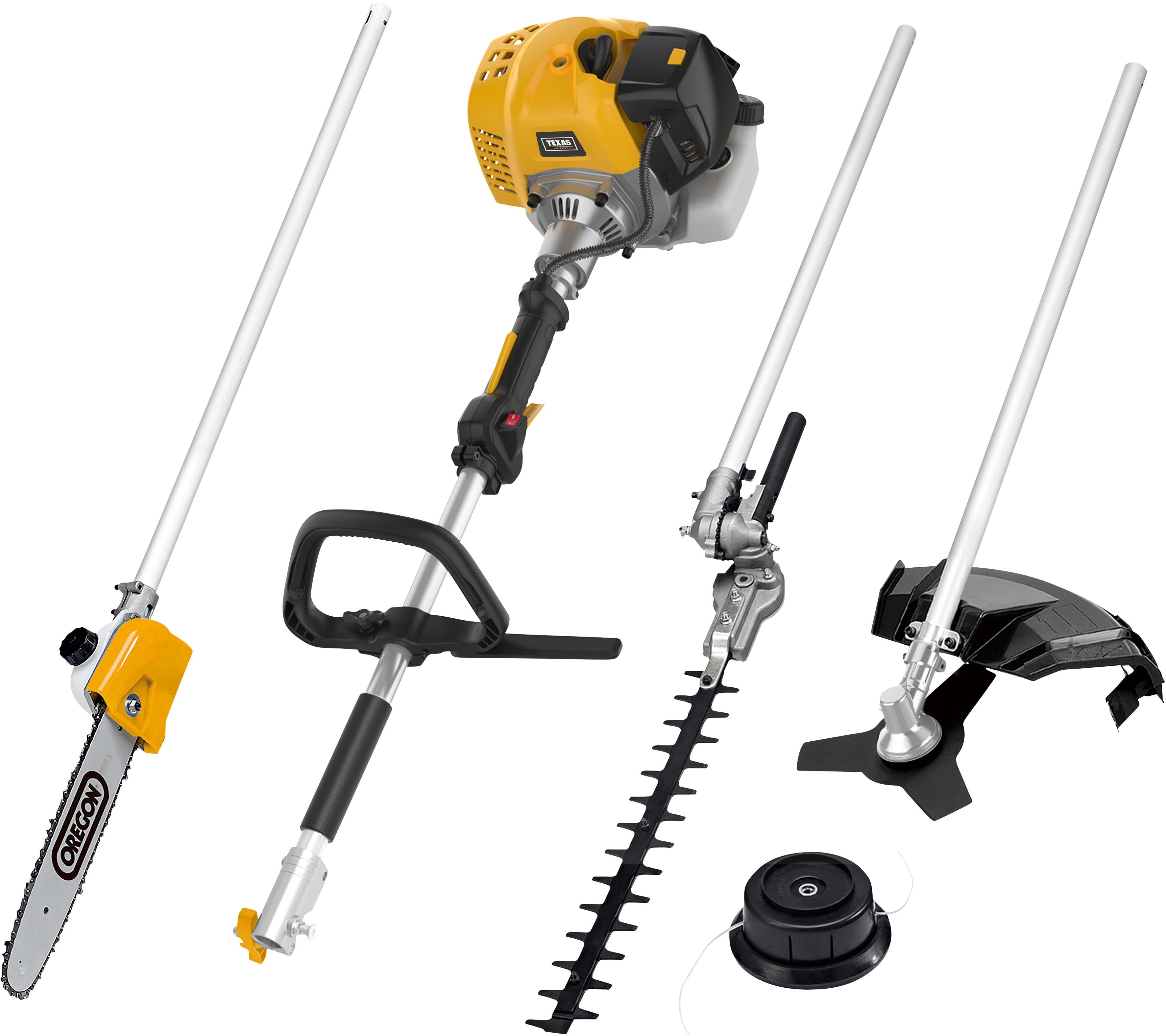 Texas Benzin-Freischneider Kombigerät BCU33M, 25 cm Arbeitsbreite Messer, 43 cm Arbeitsbreite Faden, (Set, 6 St), 4-in-1 Trimmen, Schneiden, Sägen, Heckenpflege