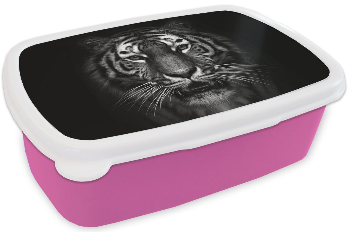 Erwachsene, Weiß Schwarz Snackbox, MuchoWow Kunststoff für - Tiger Mädchen, - Lunchbox Kinder, (2-tlg), Brotdose Wild, Kunststoff, rosa Brotbox Porträt - - Tiere -