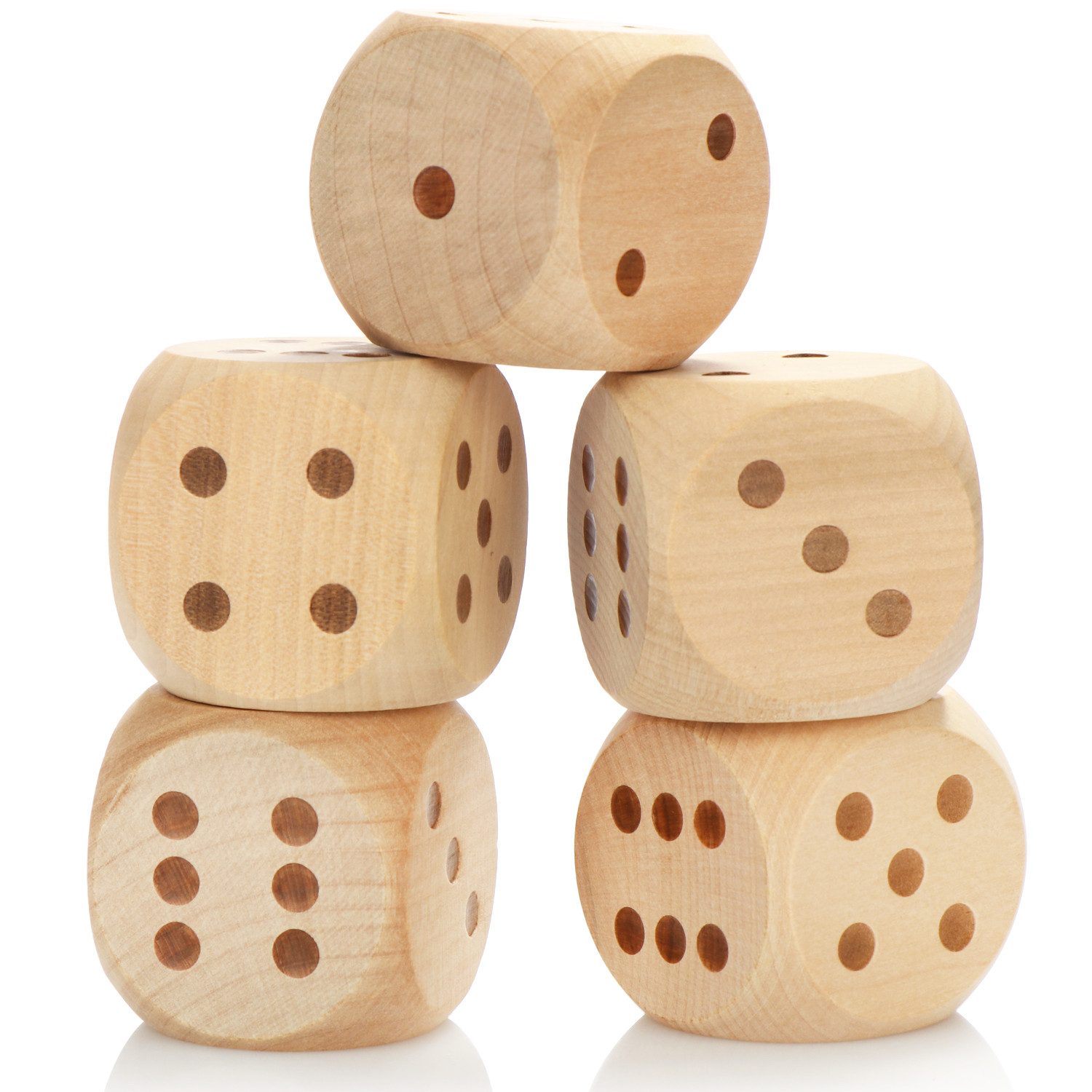 com-four Spiel XL Holzwürfel, große 5 x 5 cm Naturholz Würfel mit Augen - im Aufbewahrungsbeutel