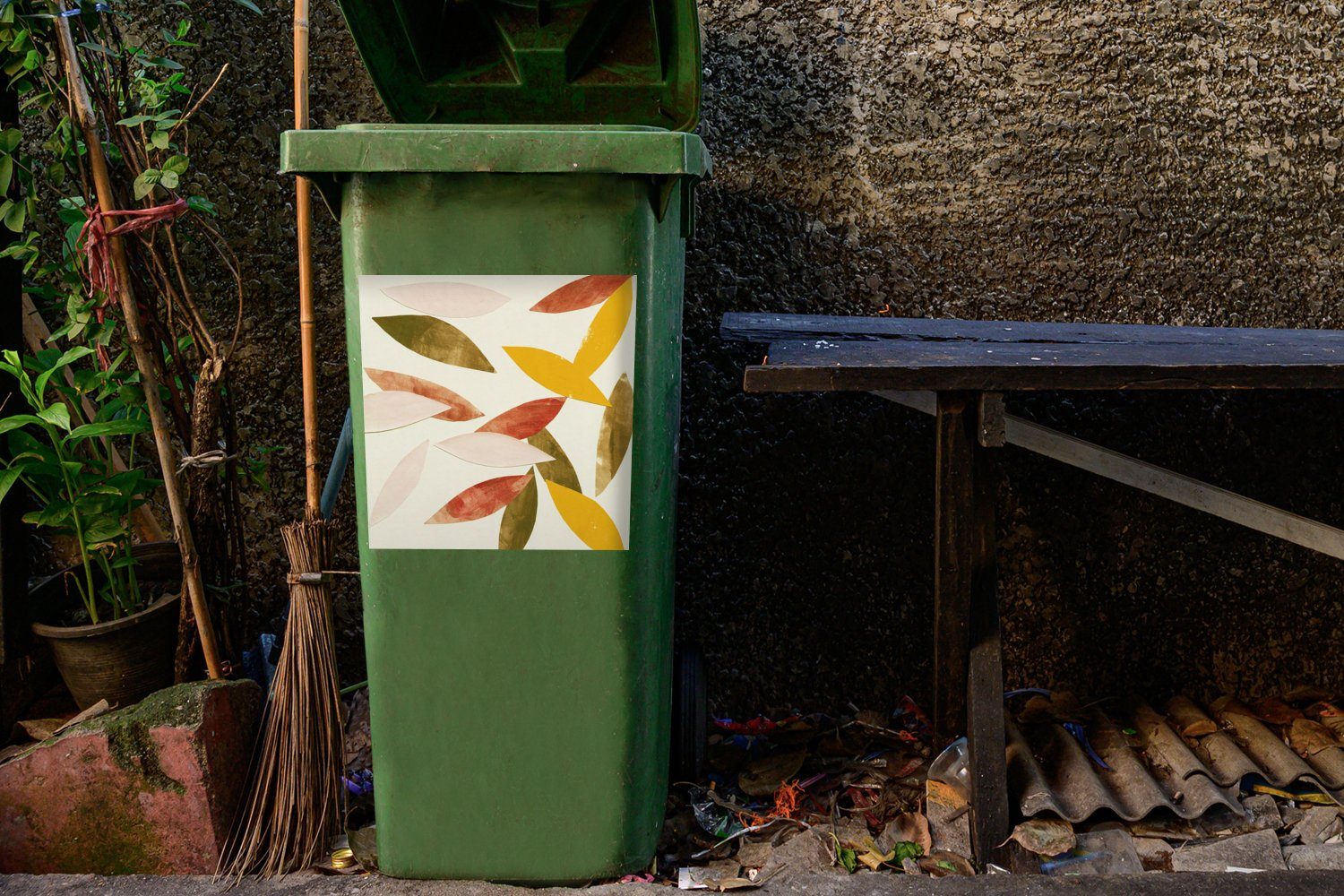 (1 St), Sticker, - Mülleimer-aufkleber, Pflanzen Farben MuchoWow Wandsticker Pastell Mülltonne, Abfalbehälter Container, - - Blätter