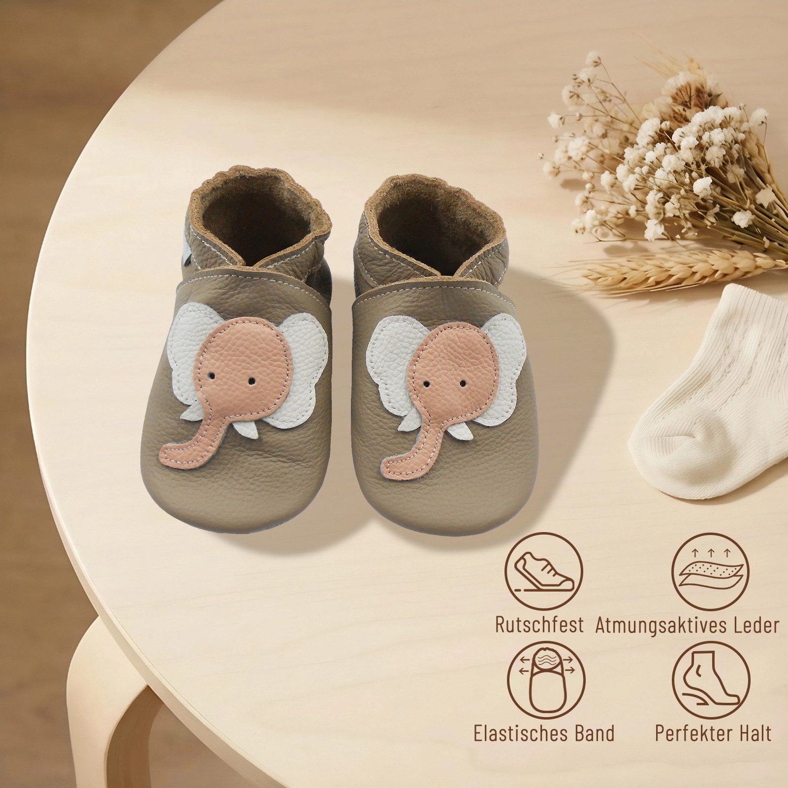 Basrakids Weiche Leder Krabbelschuh Hausschuhe Lederpuschen helle Lauflernschuh Handgenäht, weiche, leichte, flexible, rutschfest