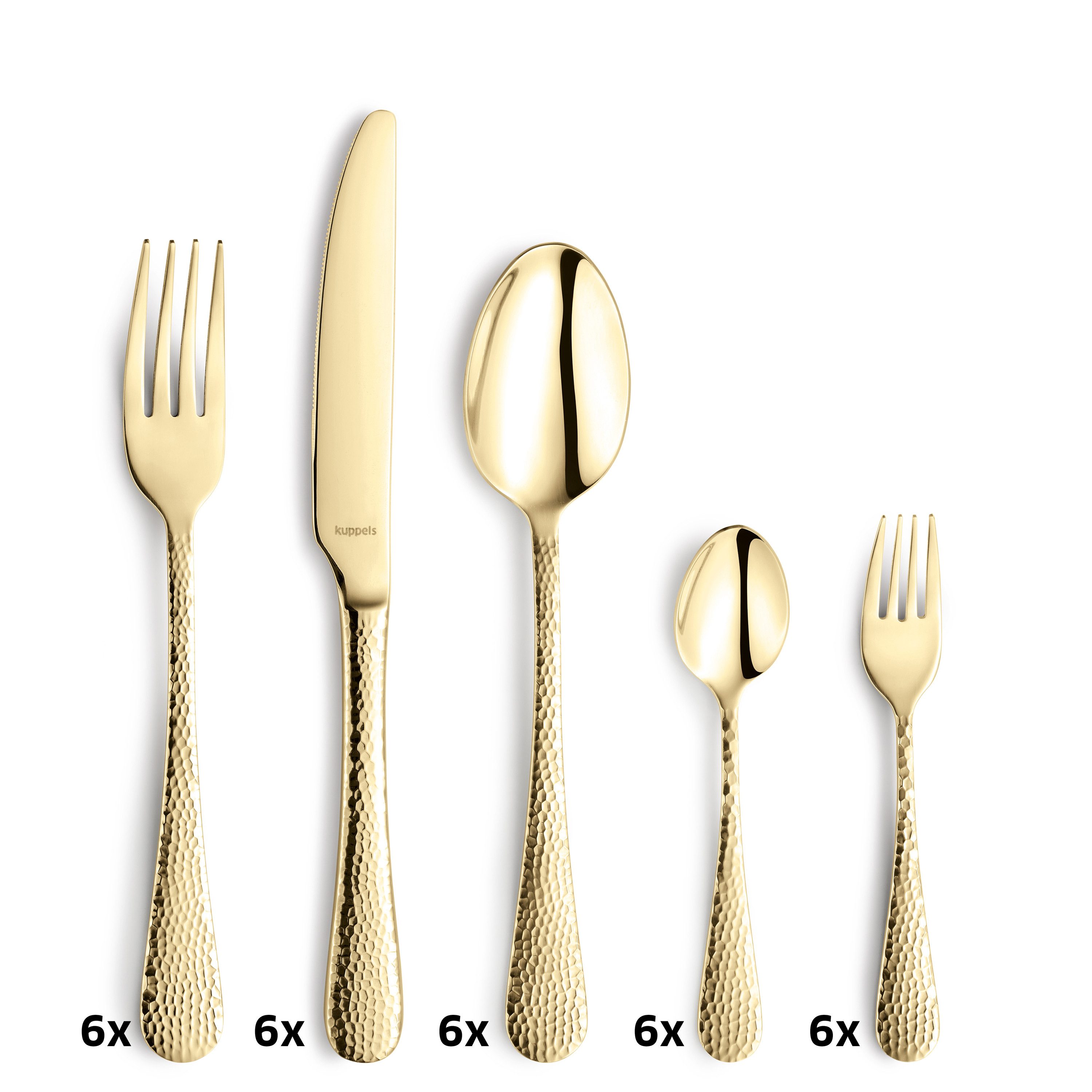 Kuppels Besteck-Set CRYSTAL (30-tlg), 6 Personen, Edelstahl Rostfrei 18/0, gehämmert, mit champagnerfarbener PVD Veredelung – Bild 4 von 5