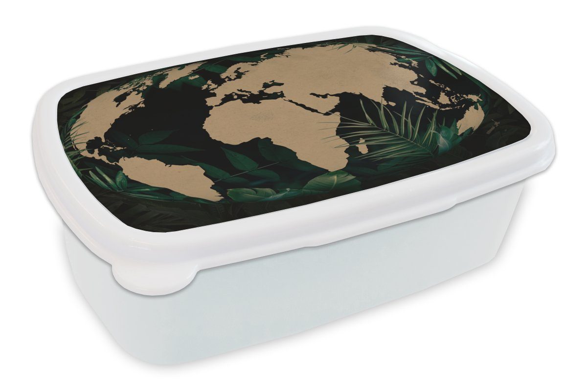 MuchoWow Lunchbox Weltkarte - Globus - Pflanzen, Kunststoff, (2-tlg), Brotbox für Kinder und Erwachsene, Brotdose, für Jungs und Mädchen weiß