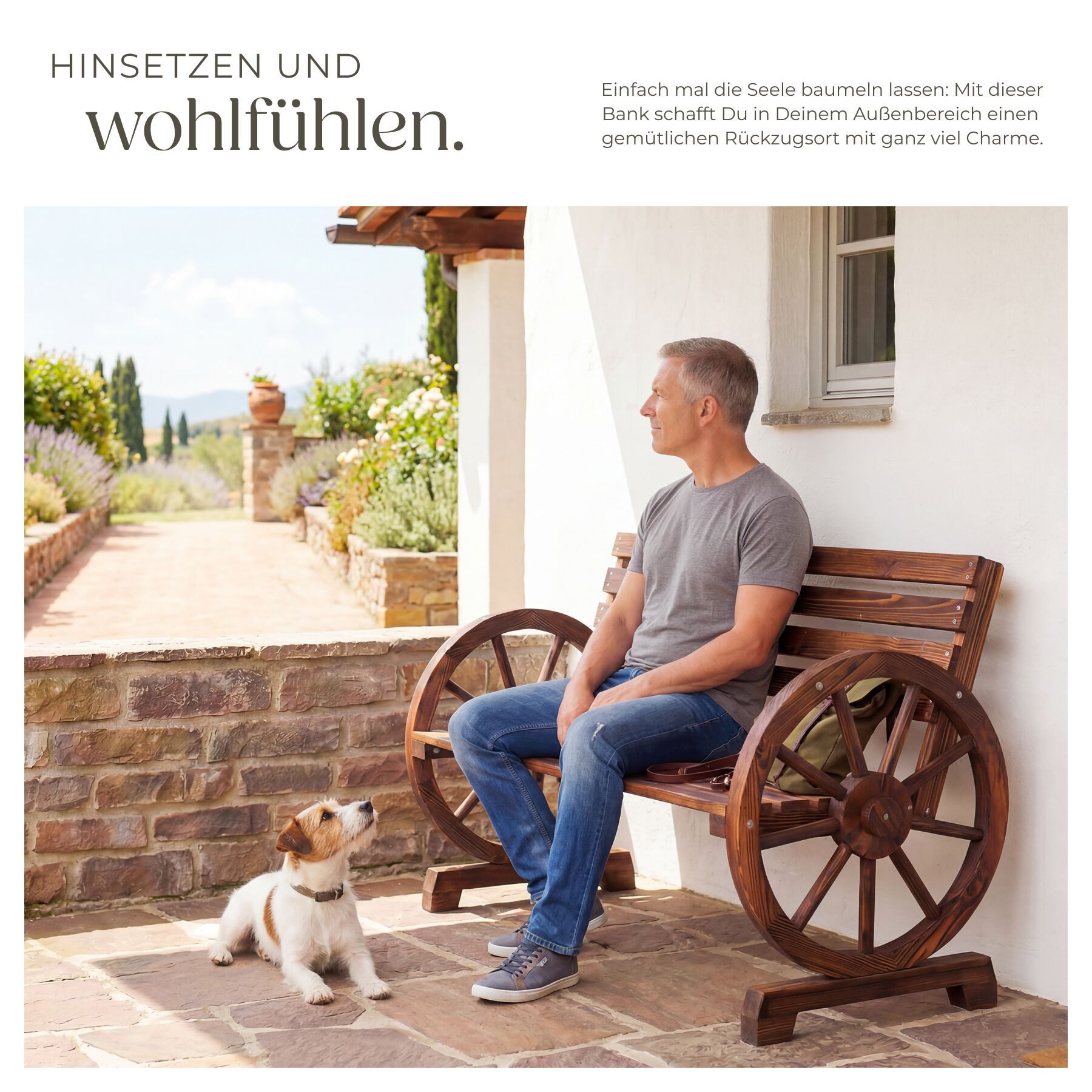 tectake Gartenbank Wetterfeste 2-Sitzer Bank im rustikalen Wagenraddesign (Sitzbank Howdy, in braun), belastbares Gestell aus geflammtem Massivholz – Bild 4 von 5