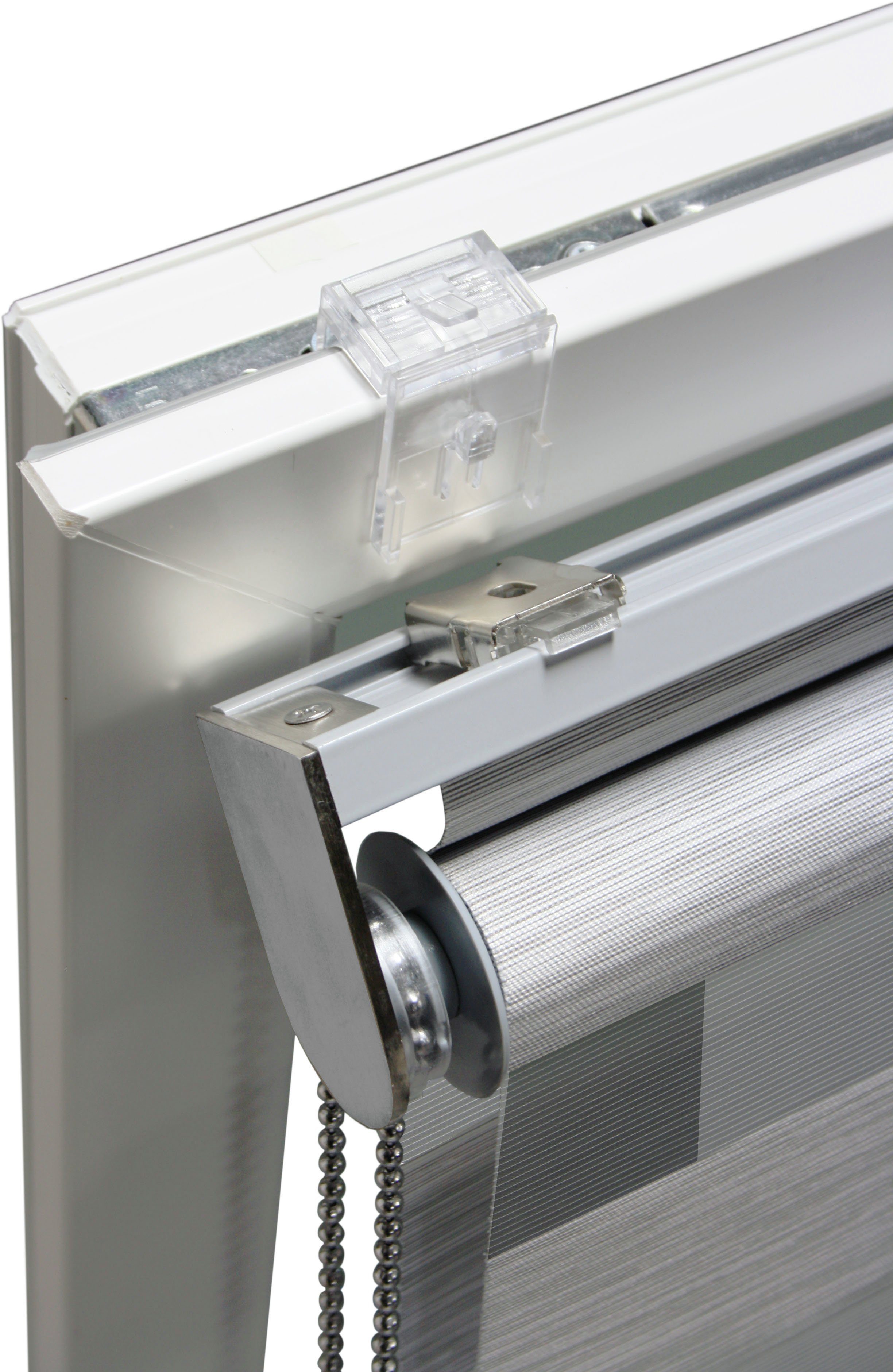 Doppelrollo de luxe, GARDINIA, halbtransparent, mit Bohren/ohne Bohren, freihängend, Klemm- oder Schraubmontage, hochwertiges Gesamtkonzept mit silbernen Metallkomponenten