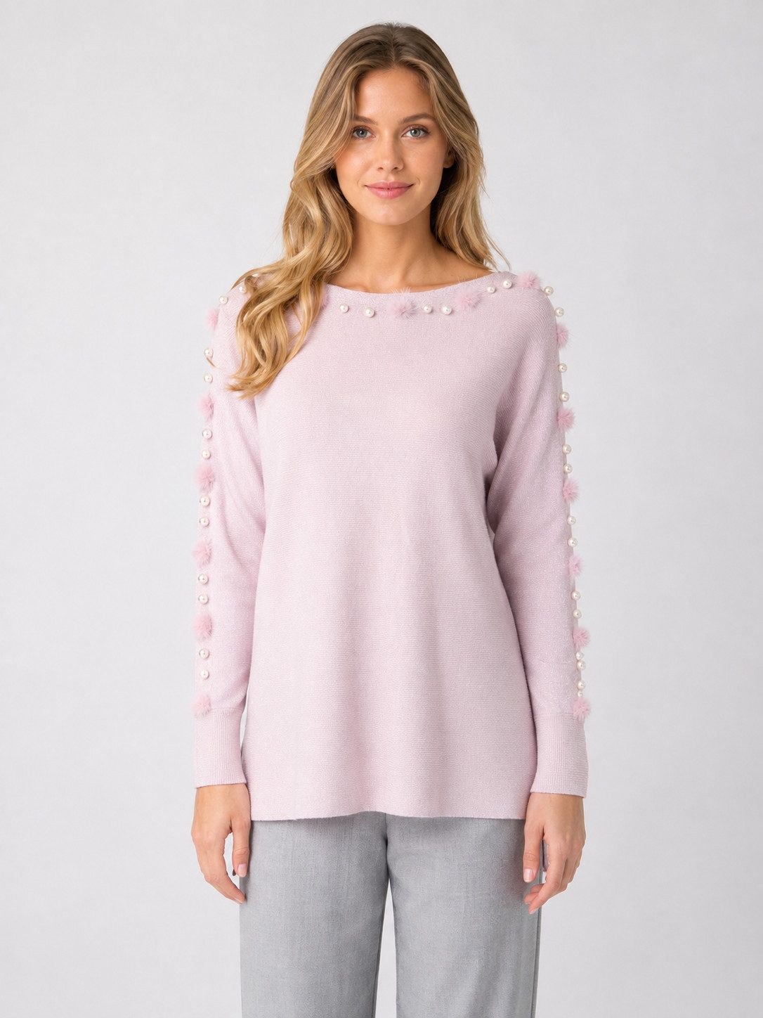 Passioni Strickpullover mit U-Boot-Ausschnitt, Bommel und Perlenverzierung