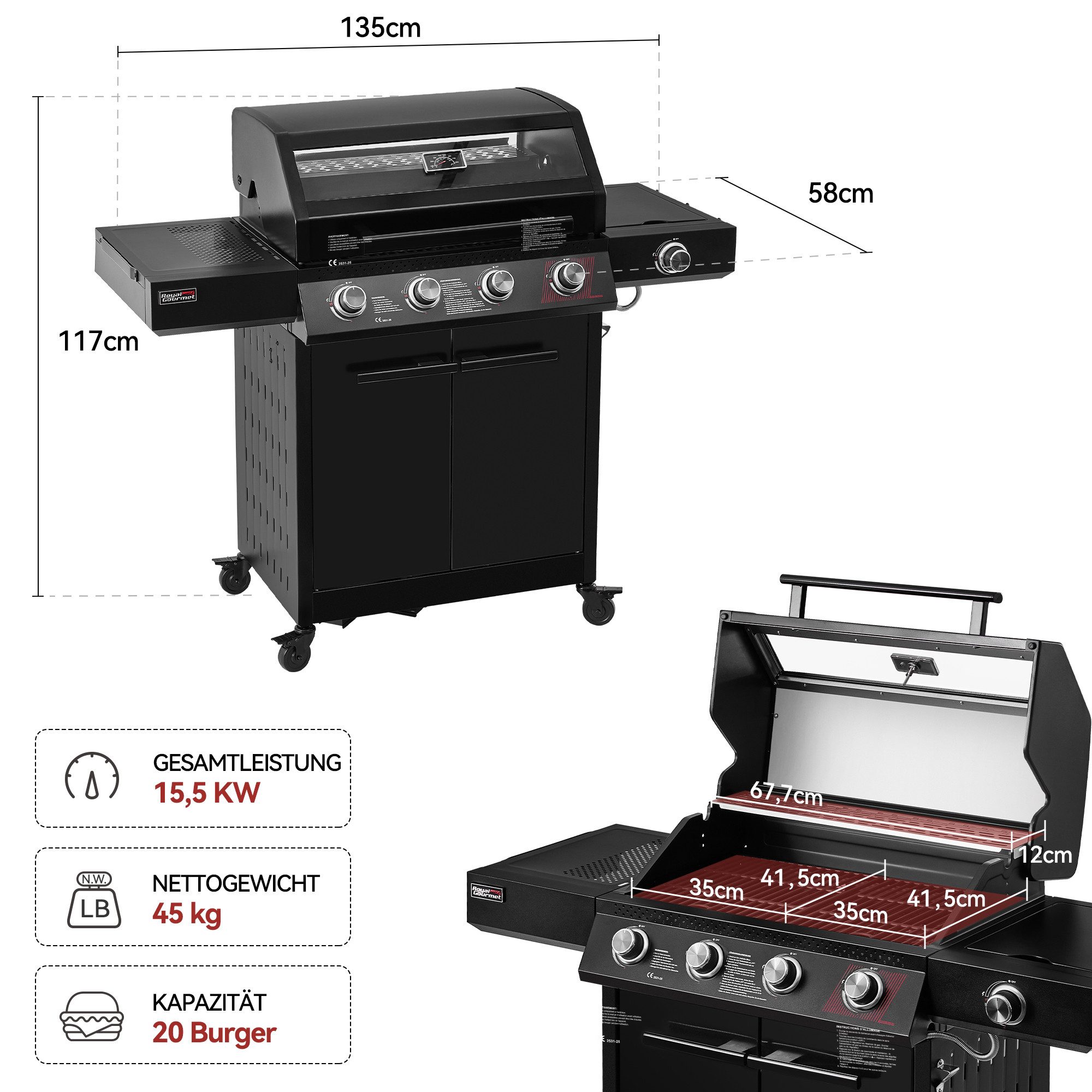 Royal Gourmet Gasgrill 4+1 Brenner Camping-Gasgrill, 15,5 kW Outdoor Grillwagen, mit Sichtfenster für Garten