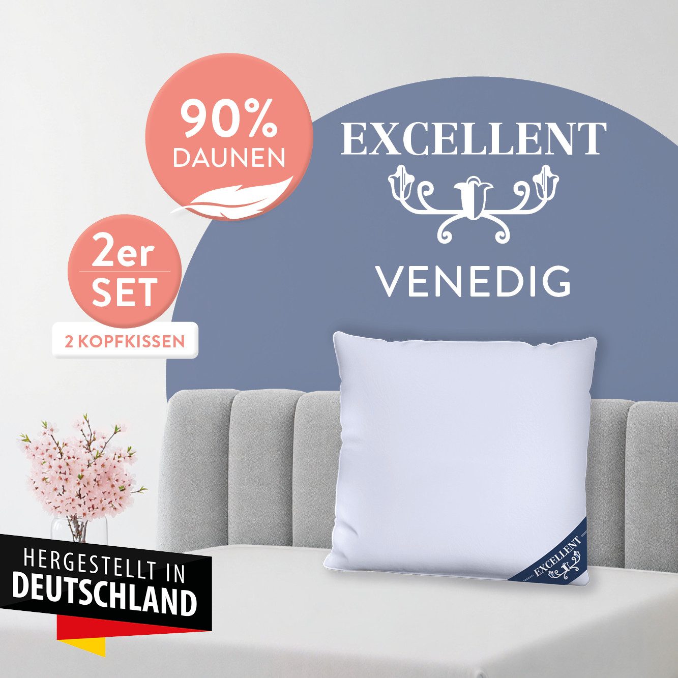 Excellent 3-Kammer-Kopfkissen Venedig, Kissen 1-tlg. oder 2-tlg. hergestellt in Deutschland!, Füllung: 90% Daunen (Außenkammer), Bezug: 100% Baumwolle, Kopfkiss – Bild 2 von 5