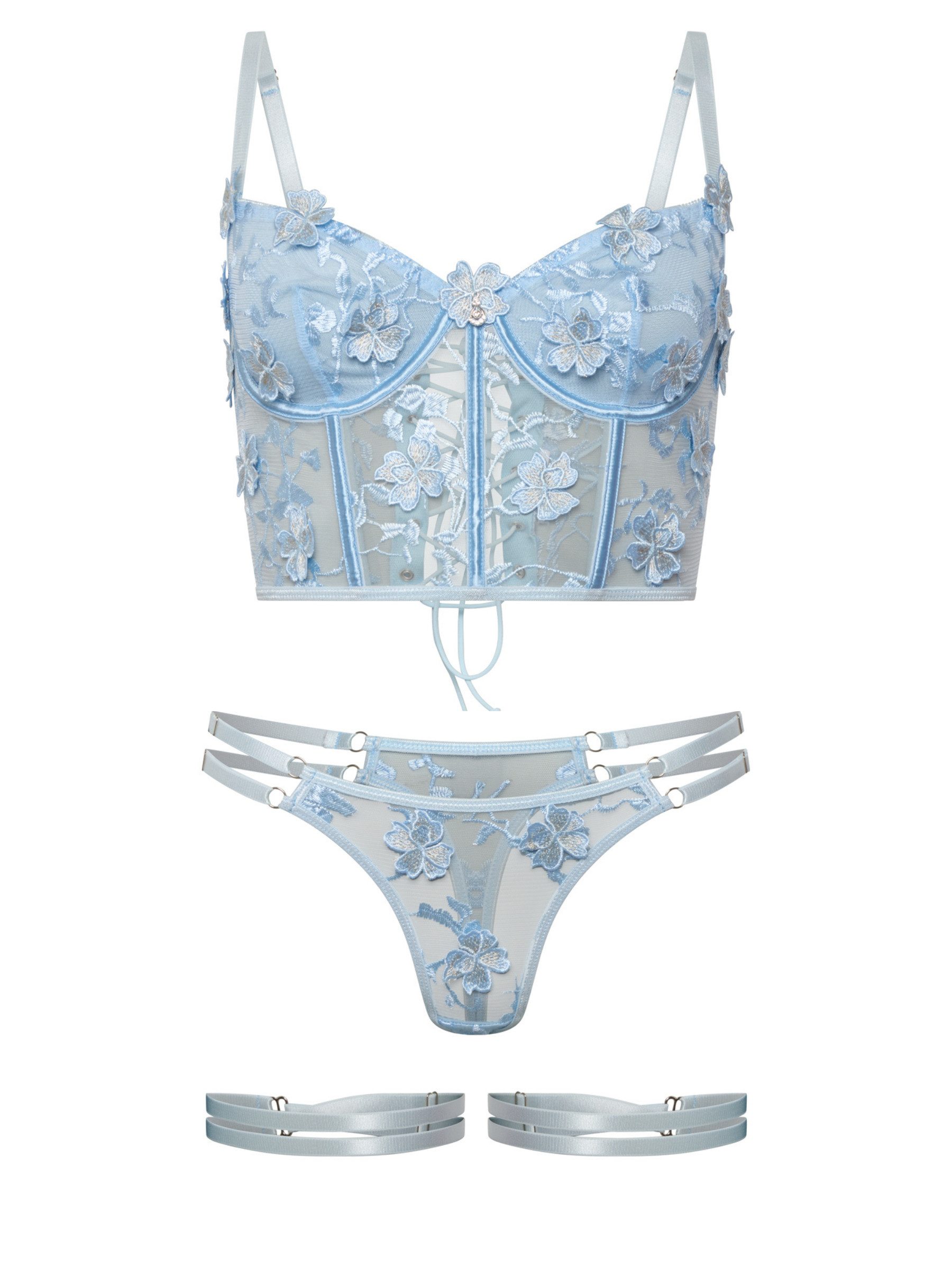 Orchibelle Set: Longline-BH Dessous-Set mit Stickerei – Sexy BH & String als stilvolle Reizwäsche (Set, 4-tlg., Bustier, Tanga, Straps) Spitzen-Unterwäsche-Set für Damen – BH-Top, Slip & Beinriemen im Set