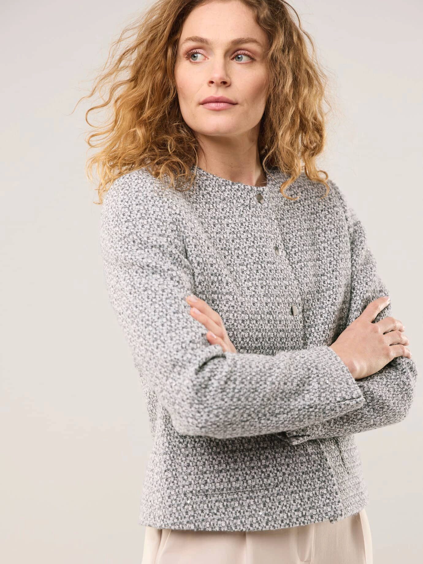 Walbusch Blusenblazer Damen Rundhalsblazer mit Pailletten verkürzte Form Kurzblazer aus italienischem Strukturstoff, Baumwoll‑Mix, 2 Taschen