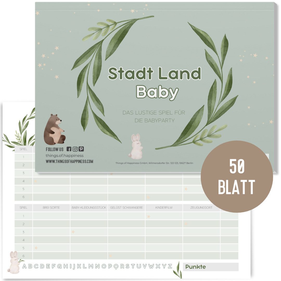 Things of Happiness Spiel Stadt, Land, Fluss, Baby, Babyparty Spiel, Kultspiel für die Babyshower Party, Quizblock DIN A4 mit 50 Blatt