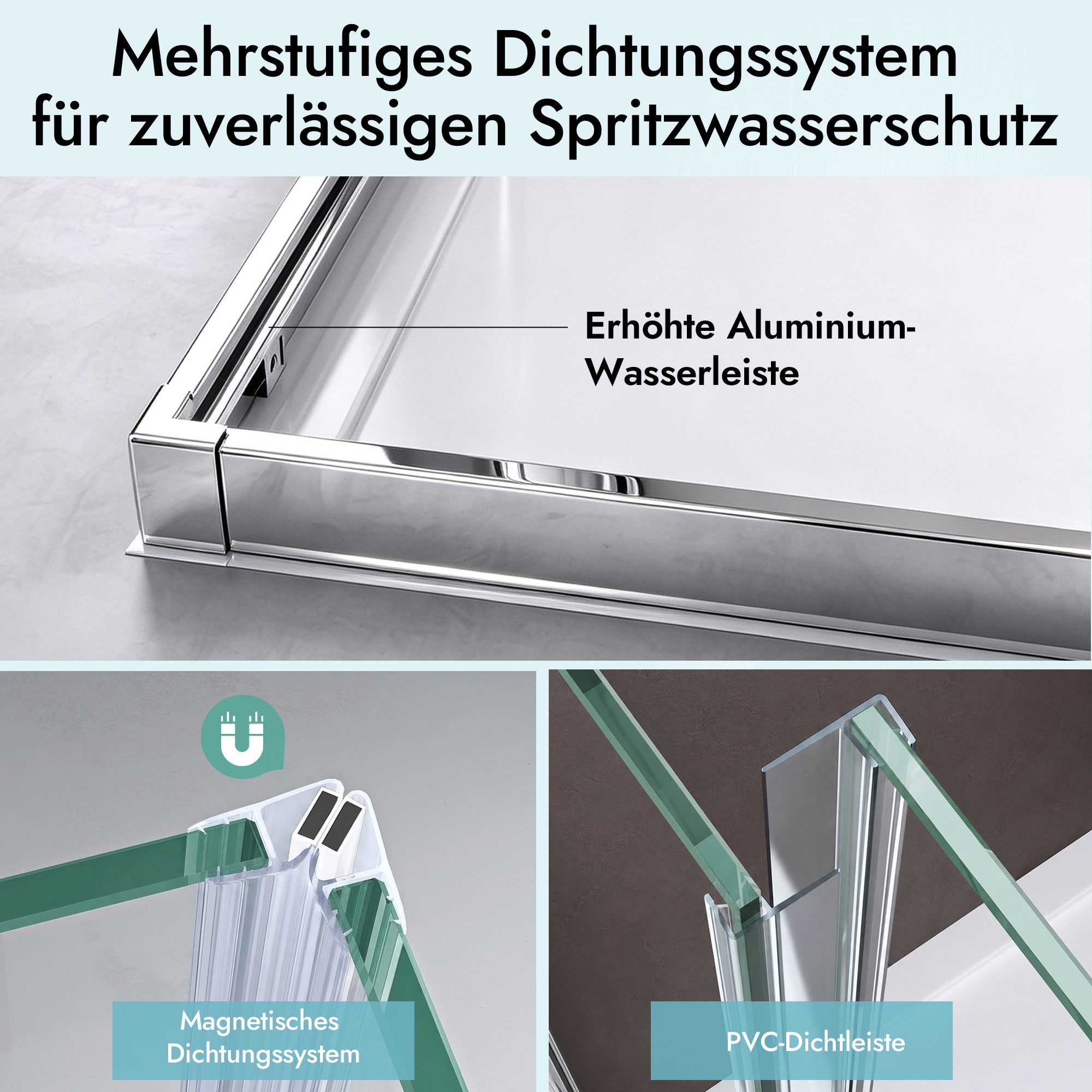 doporro Eckdusche Duschkabine Duschabtrennung Schiebetür Klarglas 6mm ESG H:190cm R16K, BxT: 70x70 cm, Einscheibensicherheitsglas – Bild 5 von 5