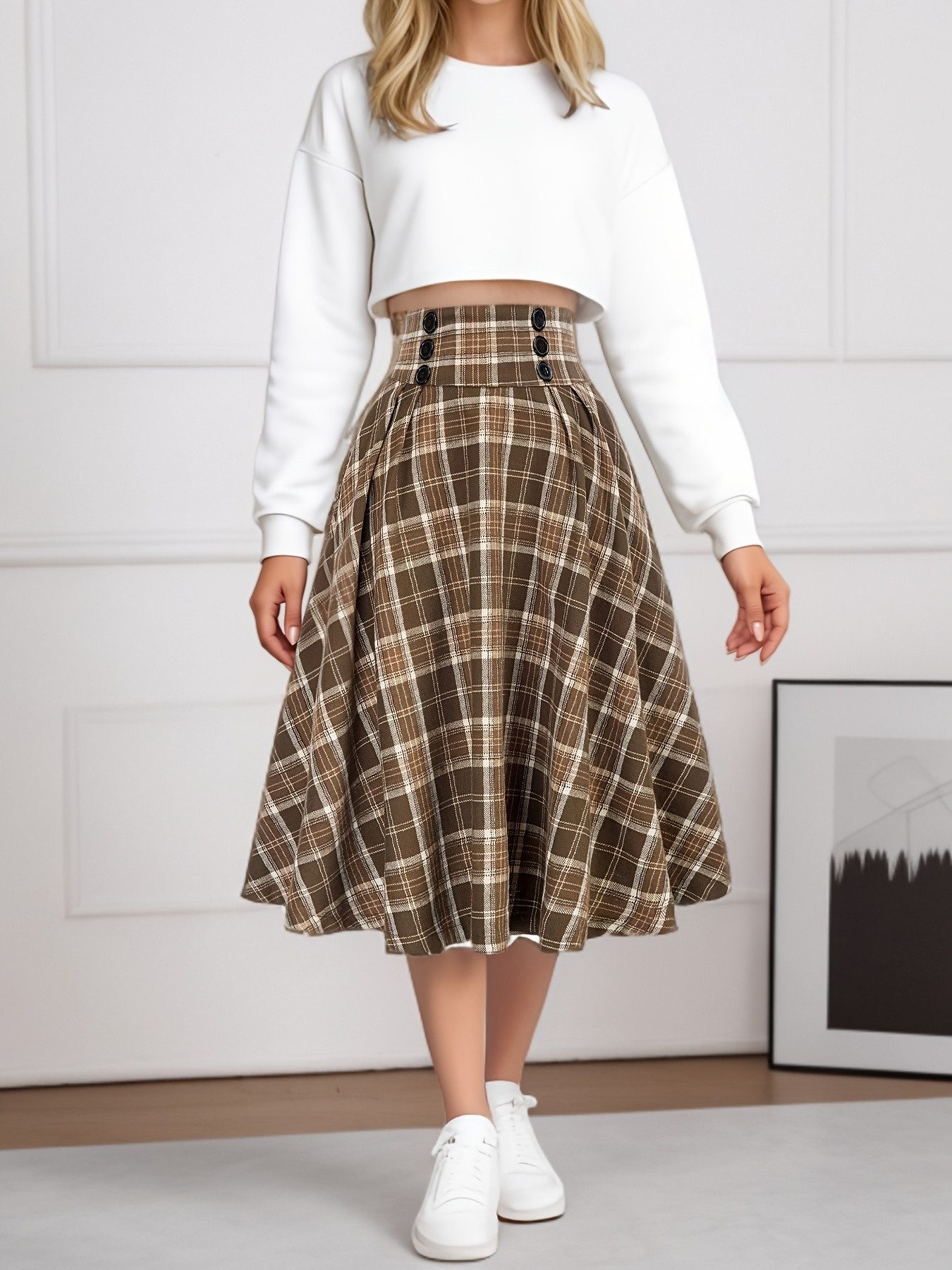 DEBAIJIA Midirock Damen Rock Plissierter Karierter Elastischer Bund Vintage Midirock