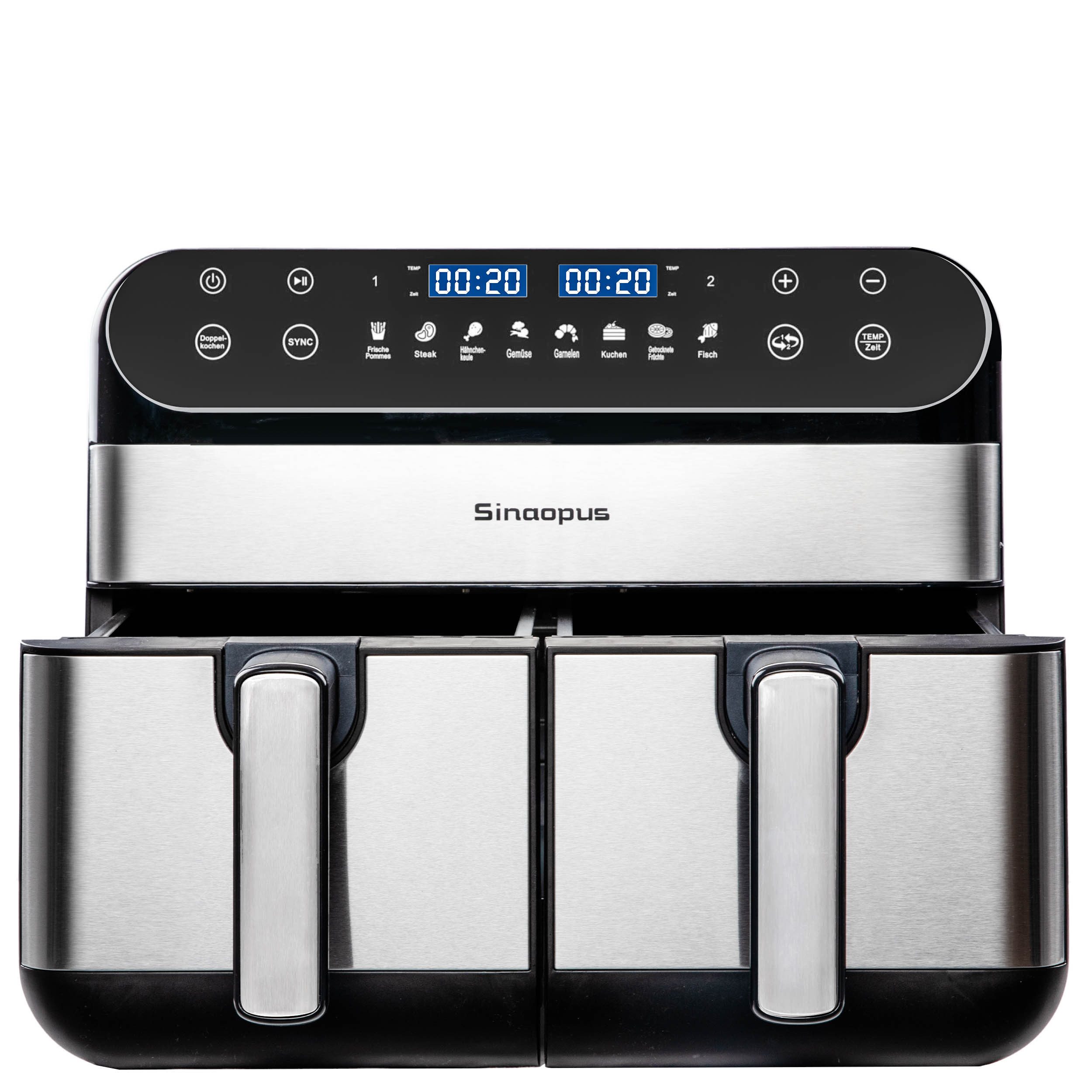 Sinaopus Heißluftfritteuse 10L Dual-Zone Airfryer – Familienessen & Snacks gleichzeitig knusprig garen, 2400 W, 2 Frittierfächer, SYNC, Doppelkochen, 8 Programme & LED-Touch