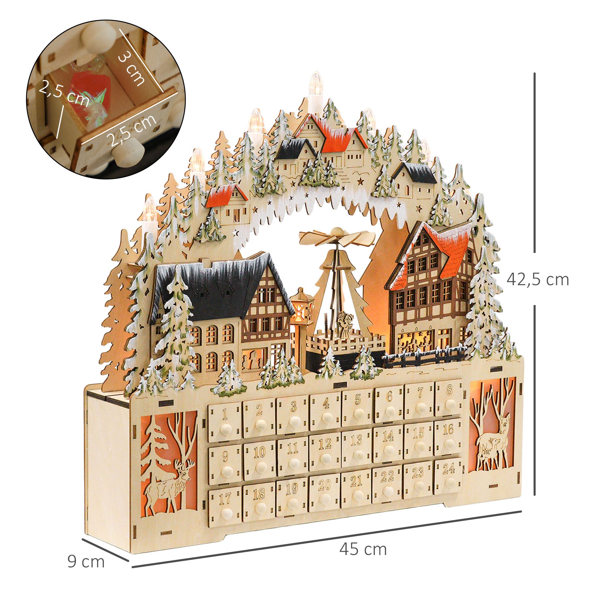 DOPWii Adventskalender Weihnachtsdorf,18 LEDs, 24 Schubladen,wiederverwendbar,45x 9 x 42,5 cm