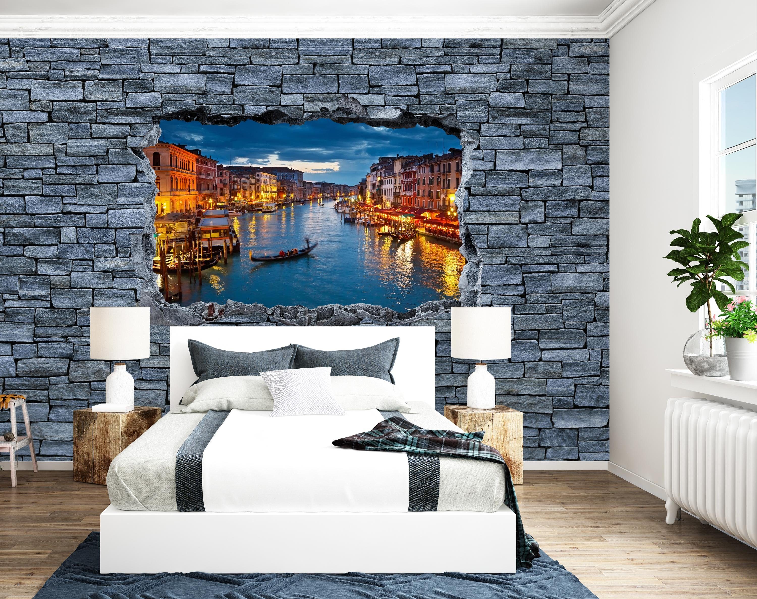 wandmotiv24 Fototapete 3D Wandtapete, Vliestapete Venedig Steinmauer, Canale glatt, - Motivtapete, matt, Grande