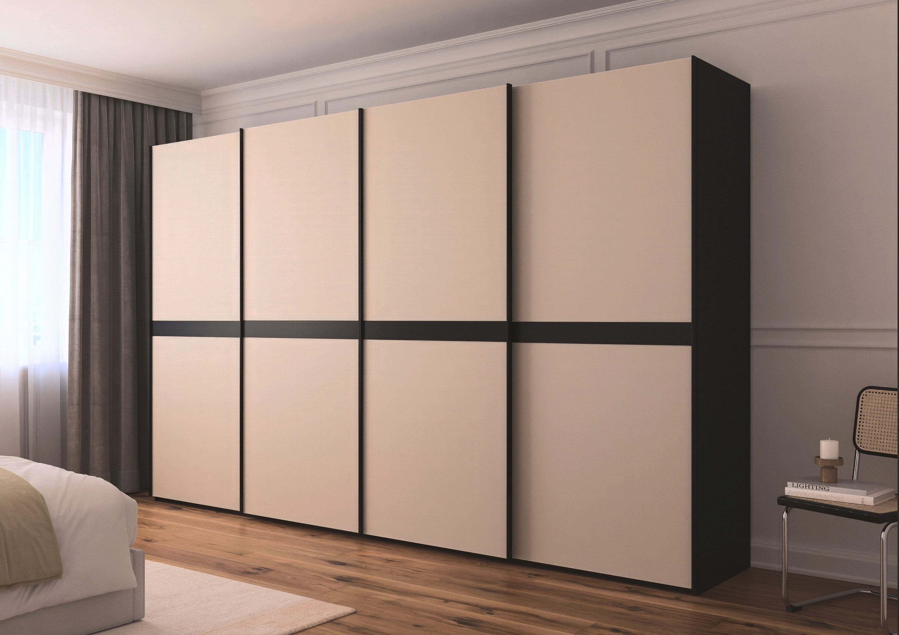 rauch Schwebetürenschrank Kleiderschrank Schrank Garderobe Schlafzimmerschrank SCALE-LINE edle Optik mit Bauchbinde in Korpusfarbe mit Glasfront MADE IN GERMANY