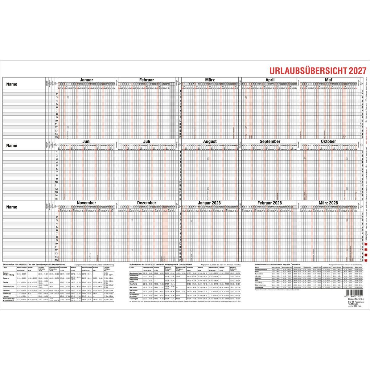 GÜSS Kalender Jahresplaner Urlaubsübersicht 30x46cm für 15 Mitarbeiter Kalendarium 2027