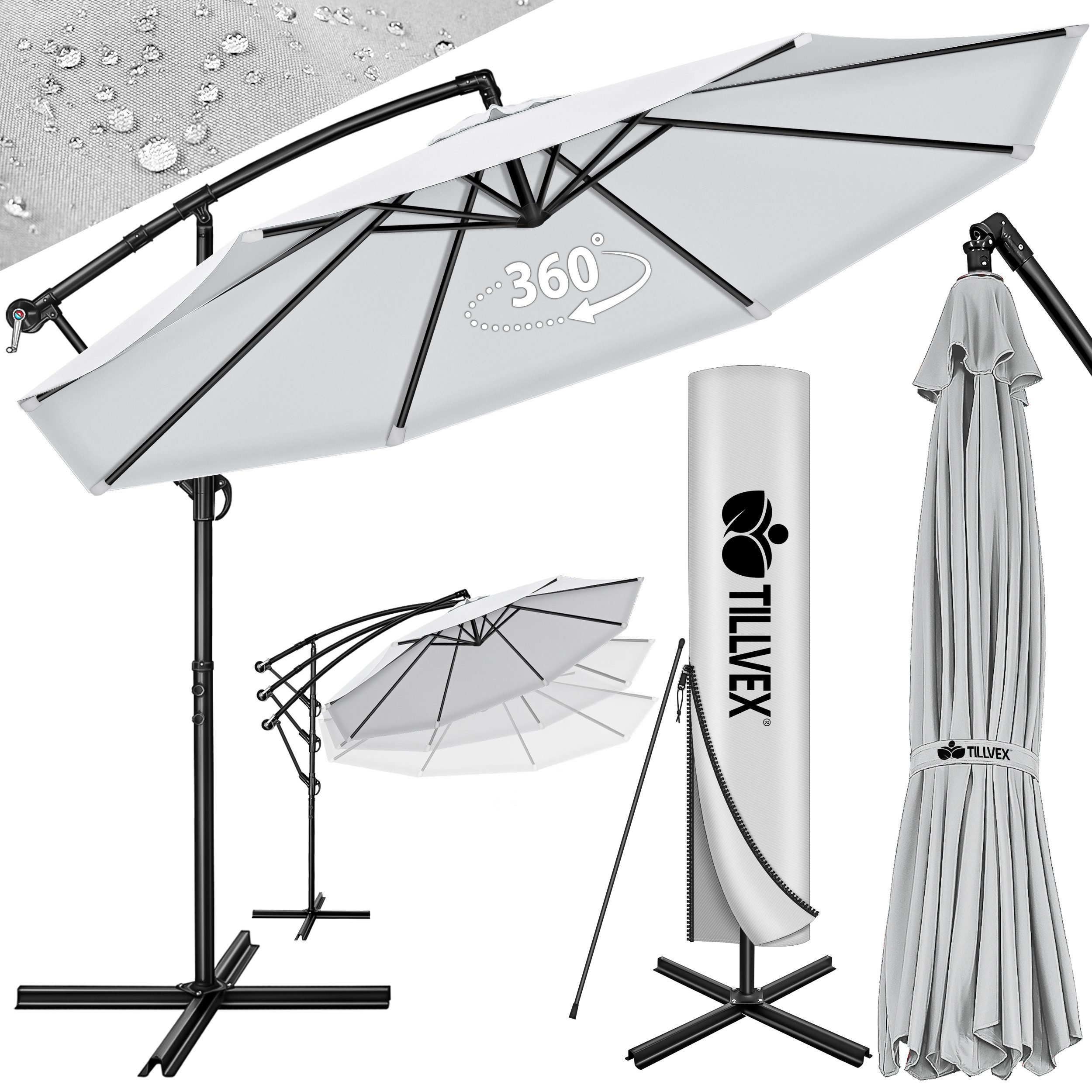 tillvex Sonnenschirm 300-350 cm Kurbel Ampelschirm mit Ständer, Abdeckung & Windsicherung, Gartenschirm UV-Schutz Aluminium