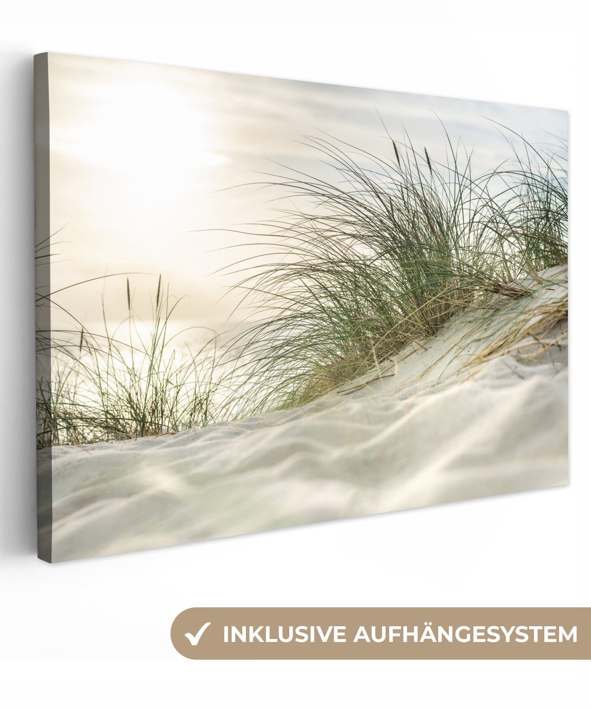 OneMillionCanvasses® Leinwandbild Dünen mit Strandhafer in der Sonne des Nationalparks Schleswig-Holstei, Fotodruck (1 St), Leinwand Bilder Klein, Wand Dekoration Aesthetic 30x20 cm