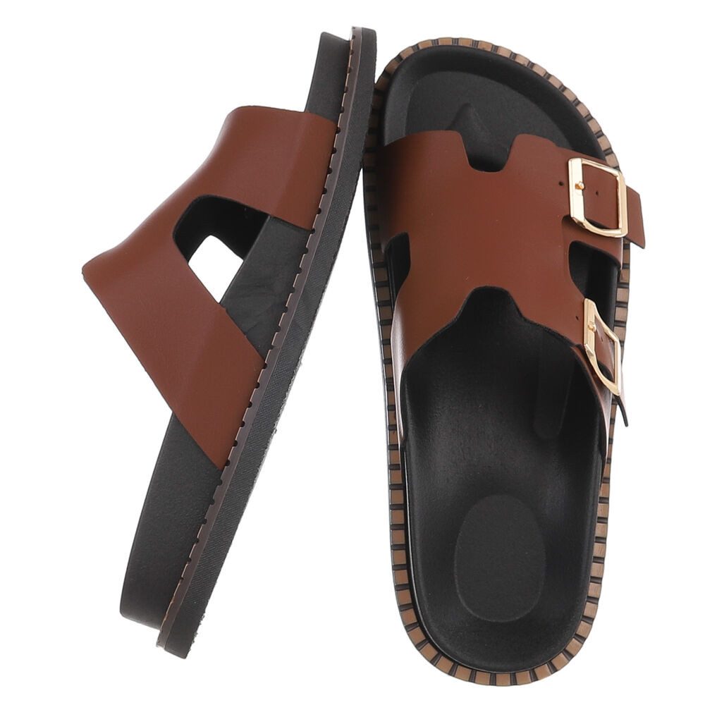 Ital-Design Damen Sandale mit Schnallen und Profilsohle Pantolette (91970959) Flach Pantoletten in Braun