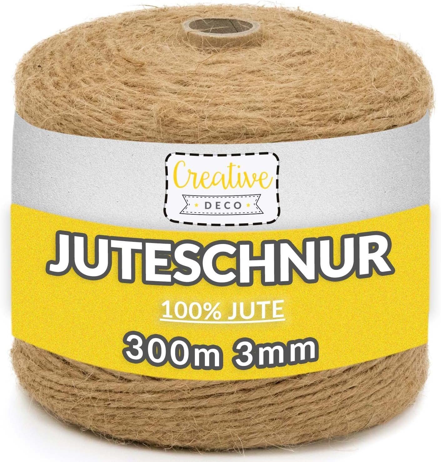Creative Deco Juteschnur 300 m 2-3 mm 3-lagig Jutekordel Jutegarn Paketband Bastelgarn, 300,00 m, Auf Spule
