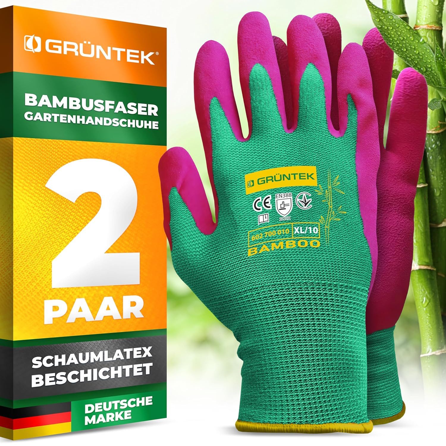 GRÜNTEK Gartenhandschuhe Natur aus Bambusfasern, Öko Garten- und Arbeitshandschuhe (Set, 4-St., 2 Paar XL / 10) Schutzhandschuhe für Gartenbau, Angeln, Bauen, Restauration