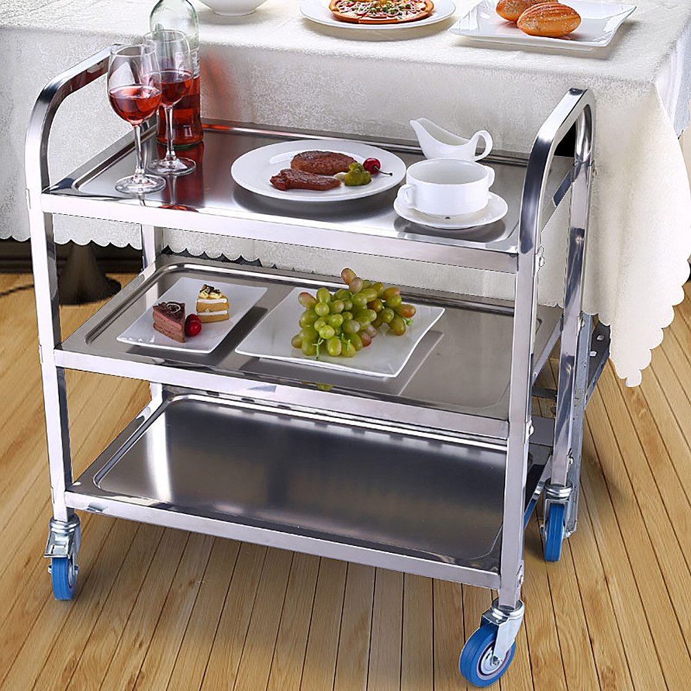 JEOBEST Küchenwagen Catering Servierwagen 3 Böden Edelstahlwagen mit Bremse Rädern, (Rollwagen, Rammschutz, vibrationsarme Schwenkrollen) Edelstahl – Bild 2 von 5