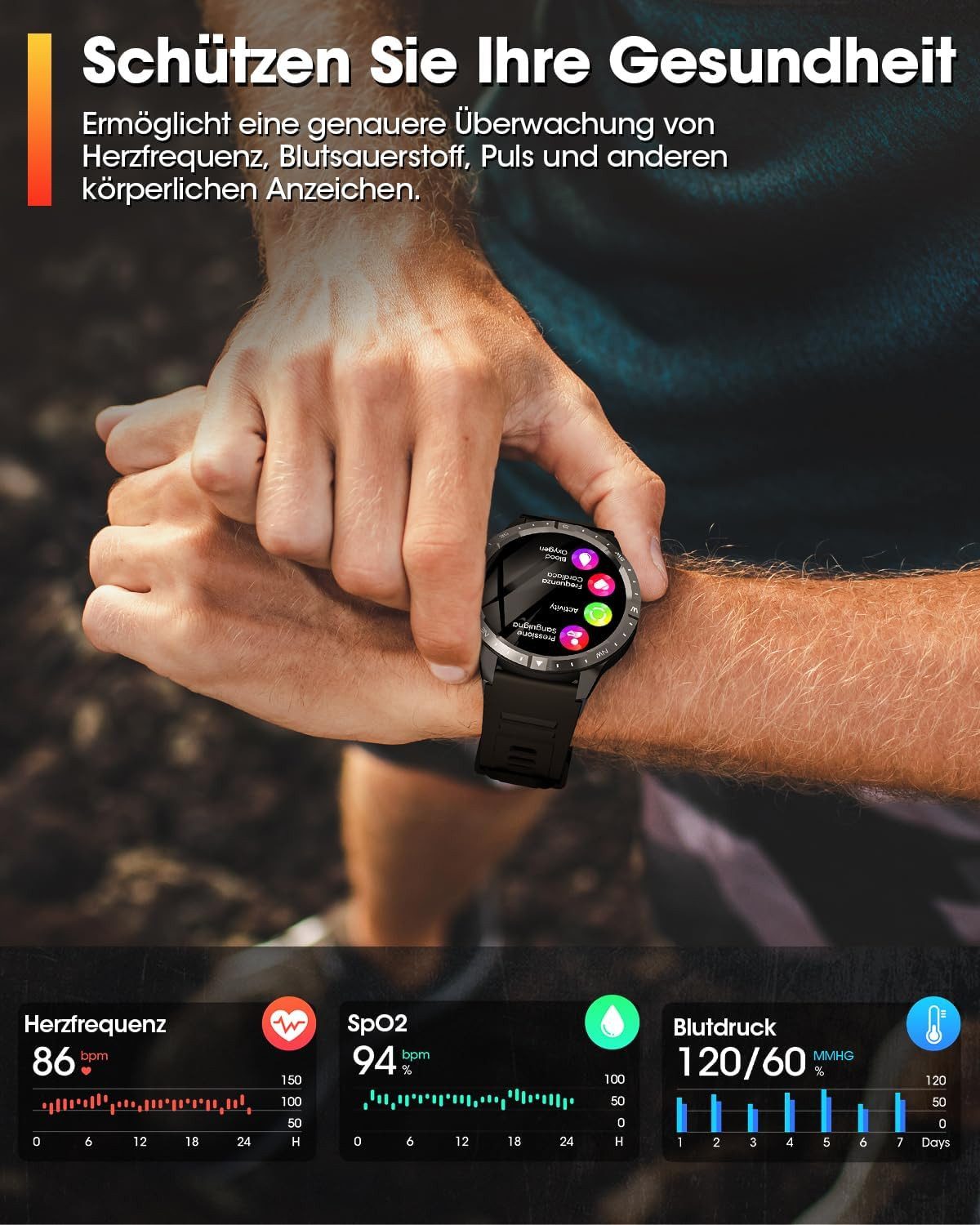 Zevelora Herren's Telefonfunktion Fitness-Tracker Uhr mit Anruffunktion Smartwatch (Fitnessuhr mit Telefonfunktion AMOLED-Display mit 466*466 Pixel, 450mAh, 120 – Bild 5 von 5
