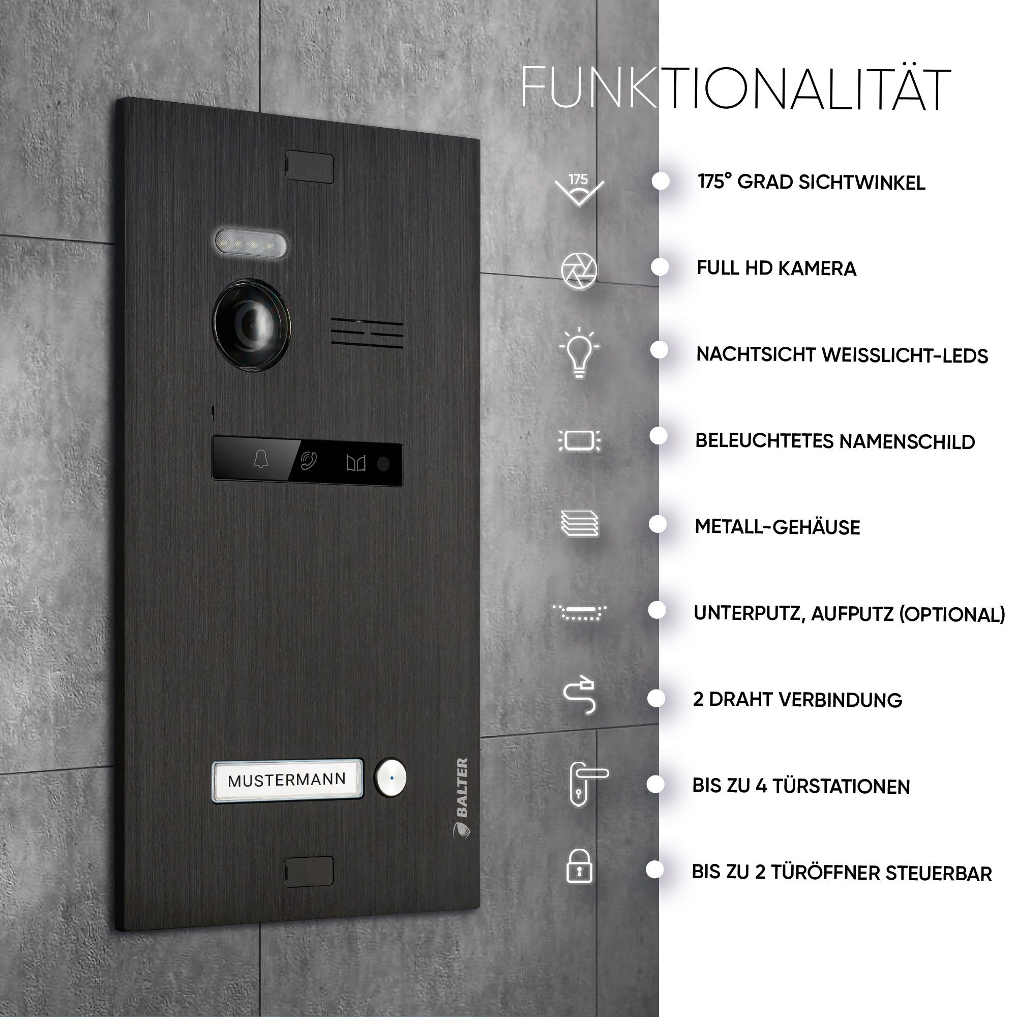 Balter Video-Türsprechanlage EVO HD mit App für 1 Familienhaus, 1x Monitor Full HD 2-Draht Schwarz (Komplettset, 1-tlg., Full HD Kamera, WLAN, App Funktion, Interkom, Videokommunikation)