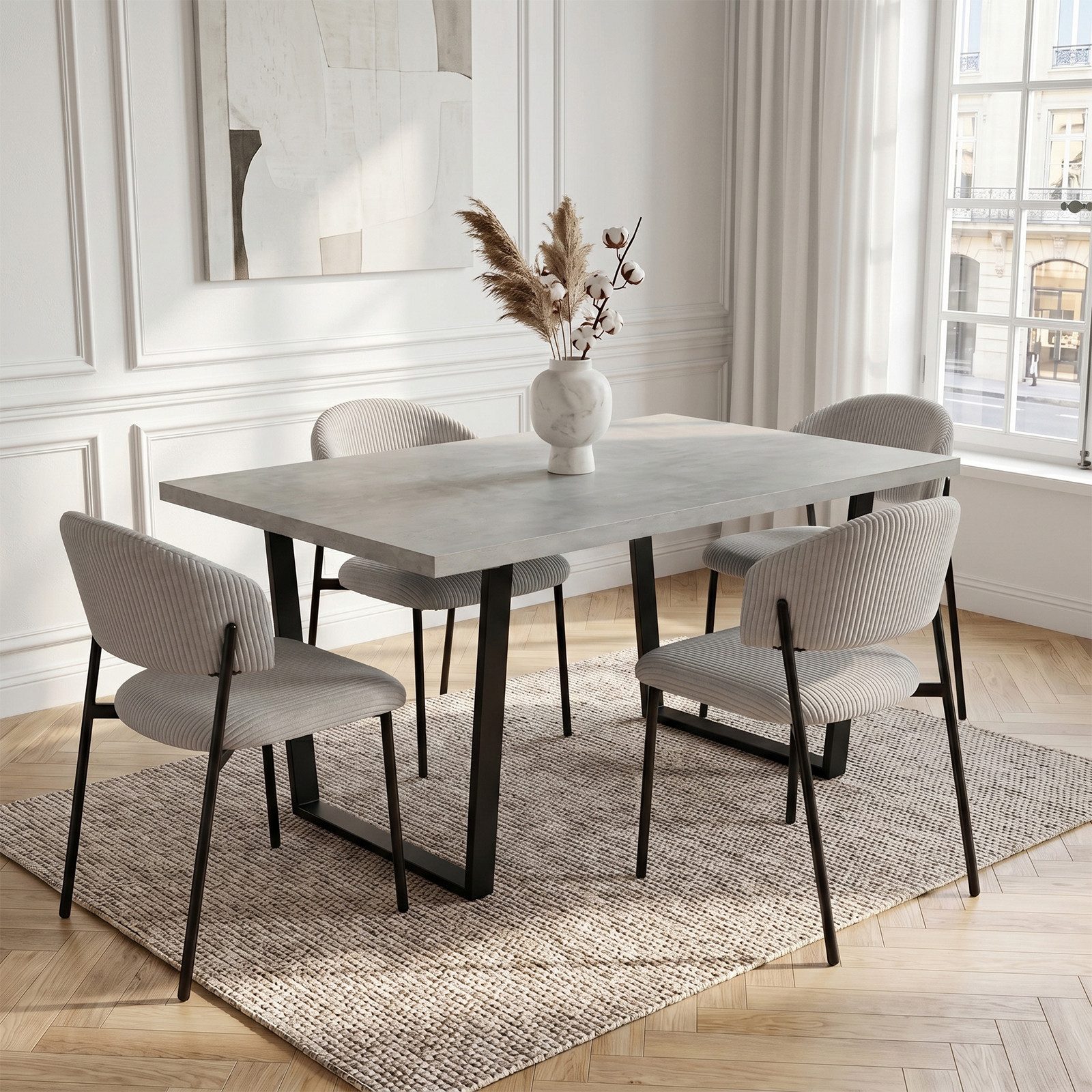 Jiexi Essgruppe Essgruppe 110x70cm MDF-Platte fix Tisch mit Cord-Polsterstühlen