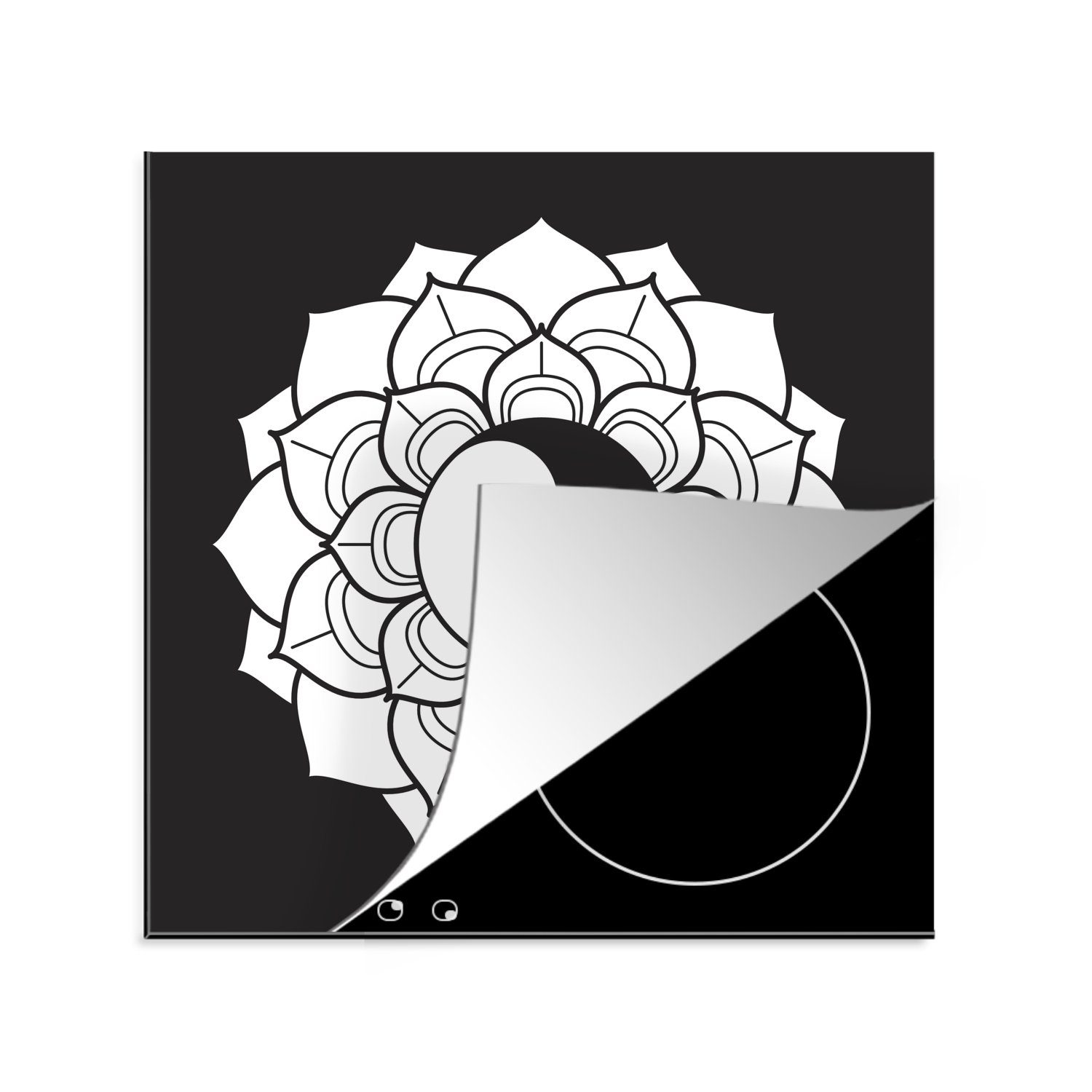 MuchoWow Herdblende-/Abdeckplatte Schwarz-weiß Illustration eines Lotus mit dem Yin und Yang Symbol, Vinyl, (1 tlg), 78x78 cm, Ceranfeldabdeckung, Arbeitsplatte für küche | Herdabdeckplatten