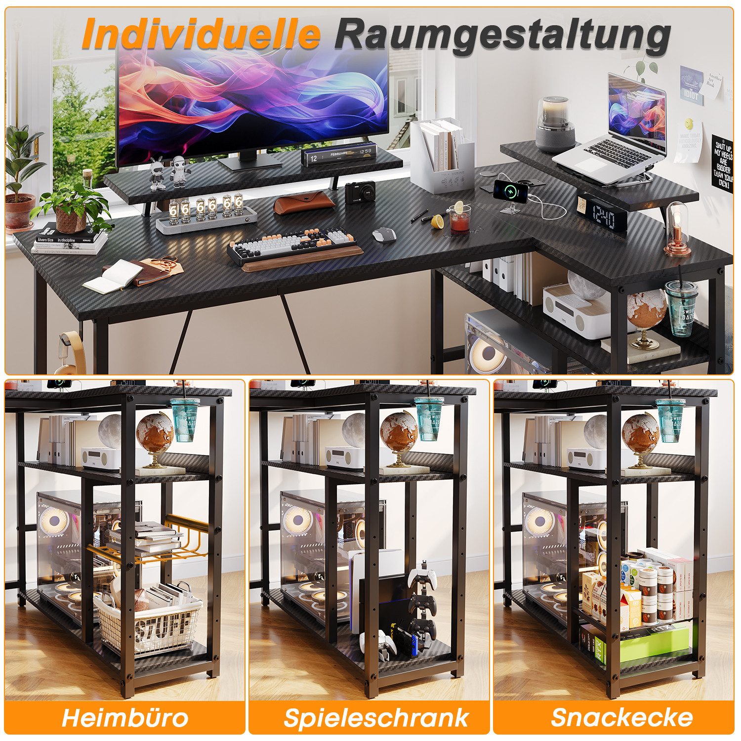 Furnicopia Eckschreibtisch L-förmiger Gaming-Schreibtisch mit Stauraum, Steckdosen und LED (120/140 cm großer Schreibtisch mit zwei Monitorhalterungen, zwei Abl – Bild 4 von 5