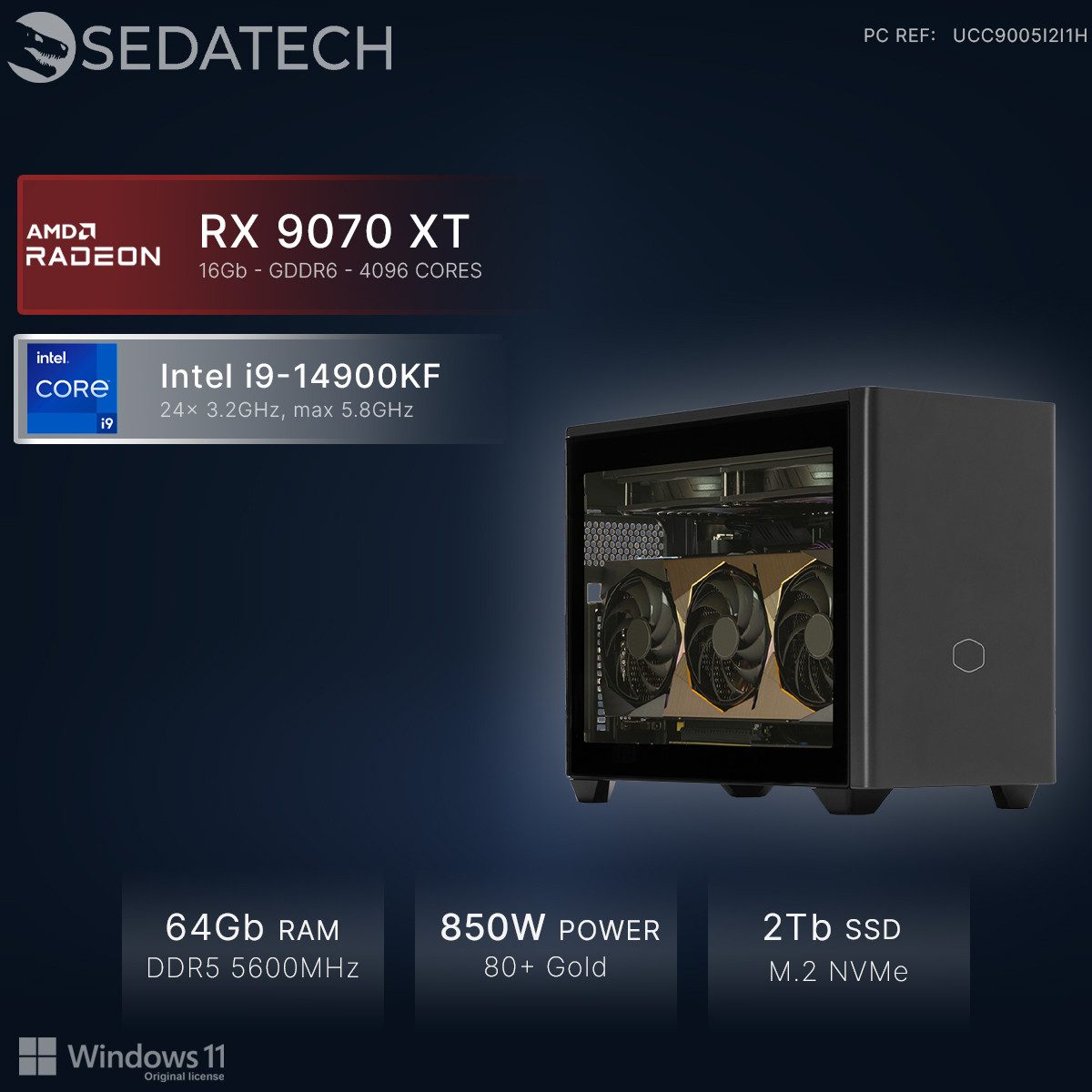 Sedatech UCC9005I2I1HF - Watercooling Workstation Mini-PC (Intel Core i9 14900KF 24x 3.2GHz (max 5.8GHz), Radeon RX 9070 XT 16GB, 64 GB RAM, 2000 GB SSD, Watercooling, Wlan 6E)