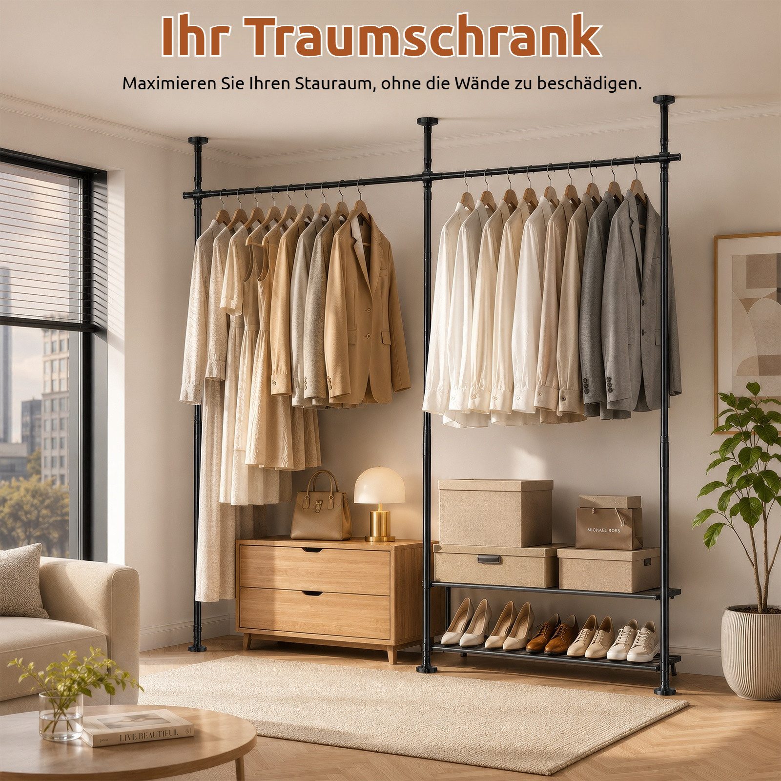 BlingBin Raumteiler Bohrfreier Raumteiler Spannstange, verstellbares Raumtrenn‑Spannsystem, 3‑vertikal 2‑horizontal, ohne Vorhang,Höhe 110‑300 cm,Breite 183‑508 – Bild 4 von 5