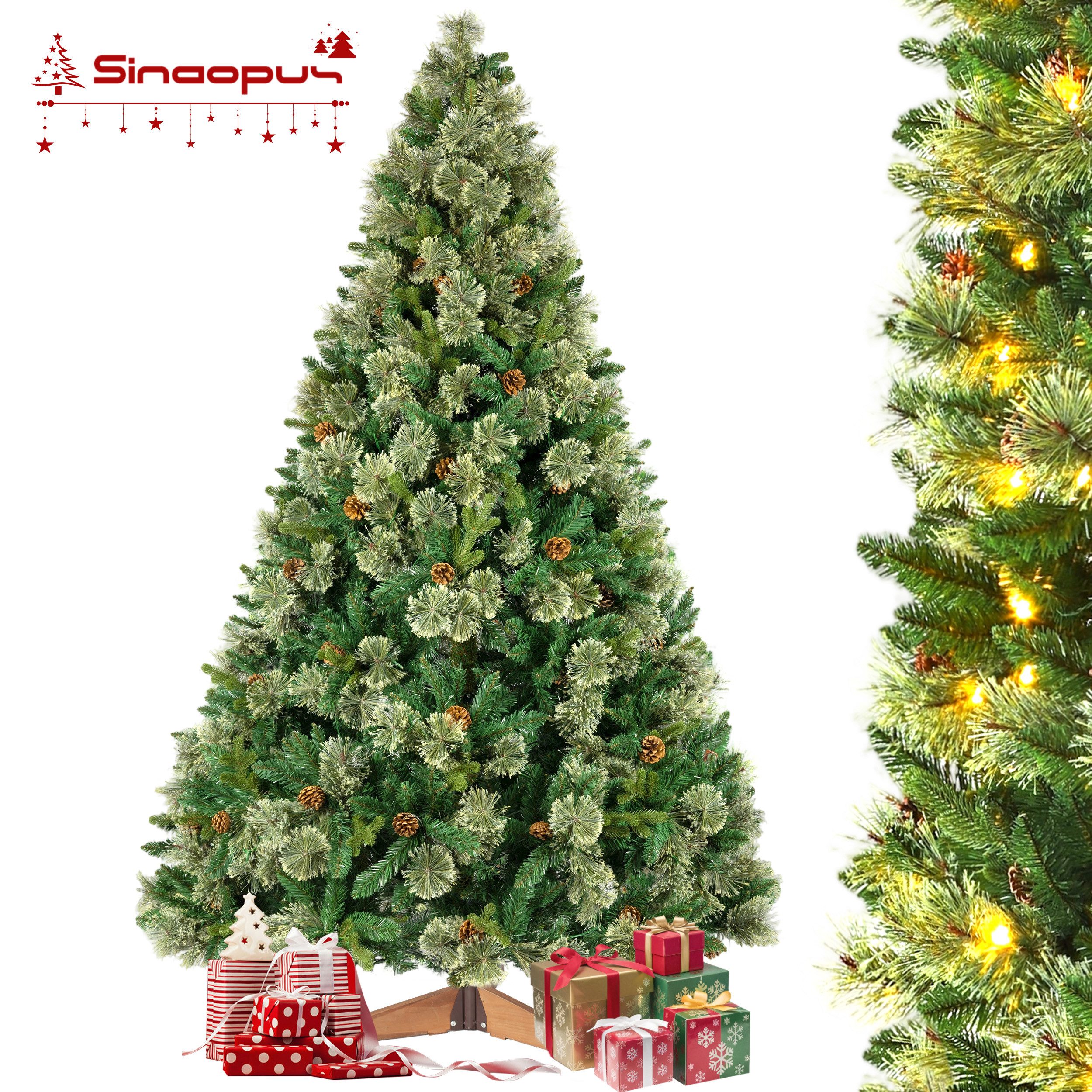 Sinaopus Künstlicher Weihnachtsbaum mit Beleuchtung, Künstlich Tannenbaum, mit Holzständer, PVC+PE, Grün, 180cm, Weihnachtsbaum künstlich, Christbaum, für Weihnachten-Dekoration, für Haus und Garten, Echte Tannenzapfen, 1200 Spitzen,260 LEDs, leicht aufzubauen