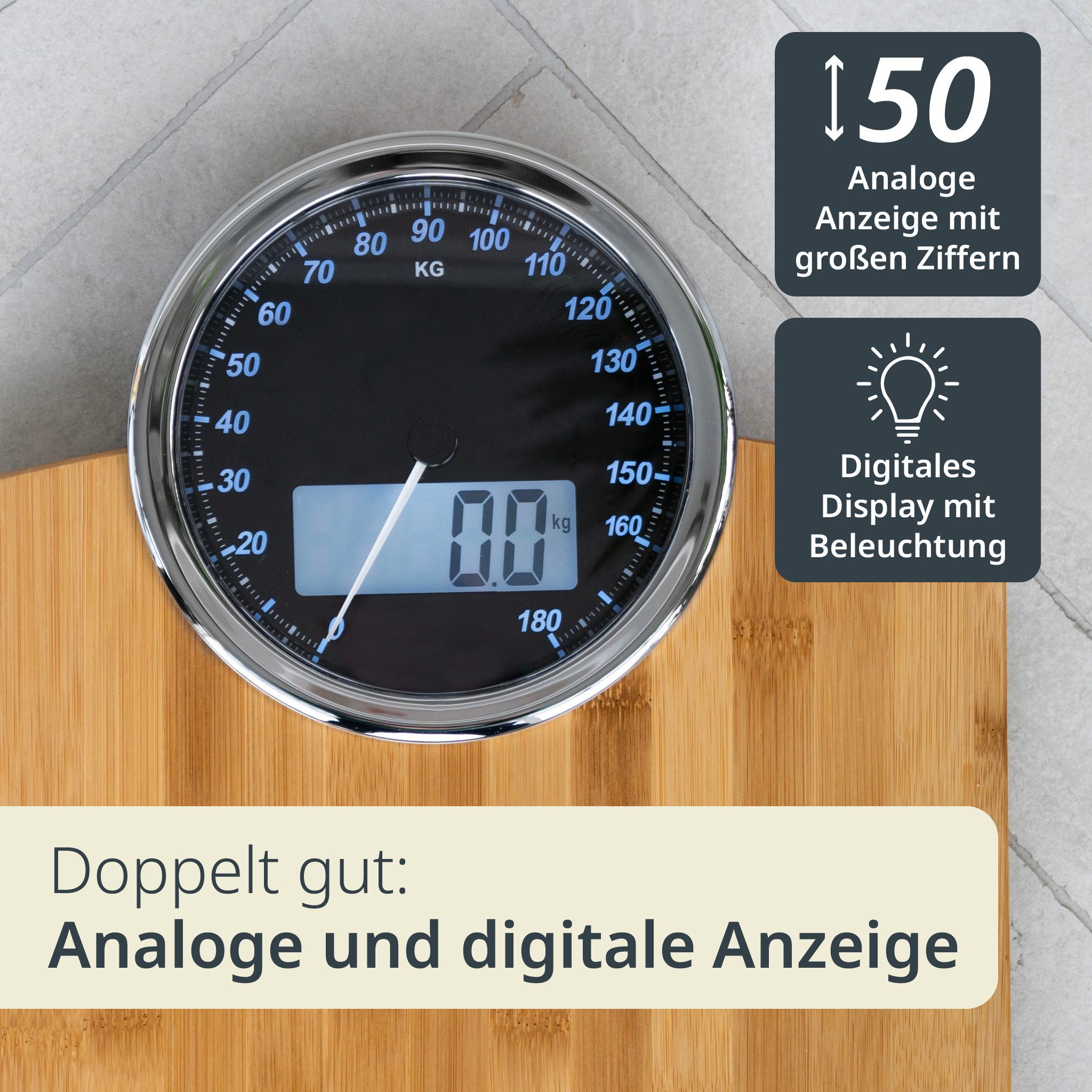 ADE Personenwaage Körperwaage mit Dual-Display: digital und analog, Wiegefläche aus echtem Bambusholz, bis 180 kg