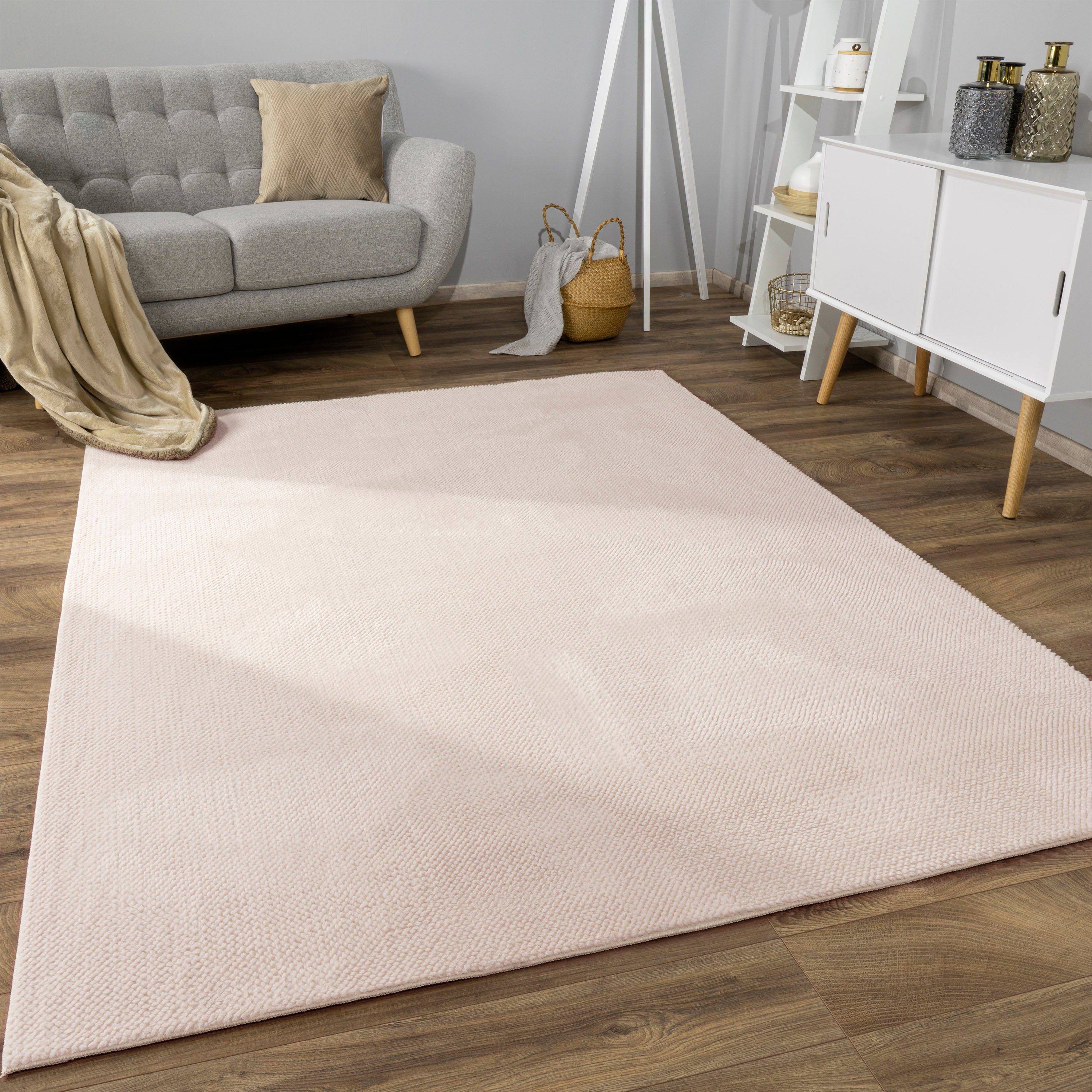 Teppich Sevilla 521, Paco Home, rechteckig, Höhe: 16 mm, Kurzflor, Uni Farben, weich & kuschelig, Hoch-Tief Effekt, Wohnzimmer Beige | Kurzflor-Teppiche