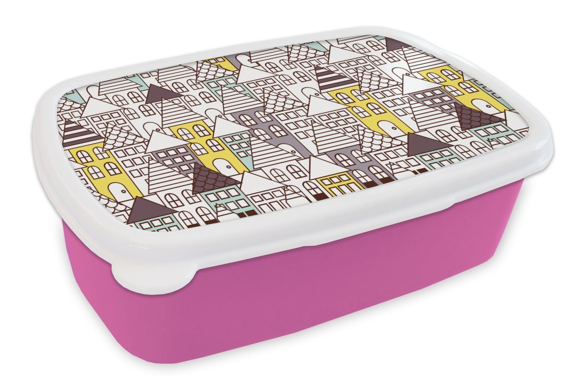 MuchoWow Lunchbox Muster - Haus - Skyline, Kunststoff, (2-tlg), Brotbox für Erwachsene, Brotdose Kinder, Snackbox, Mädchen, Kunststoff rosa