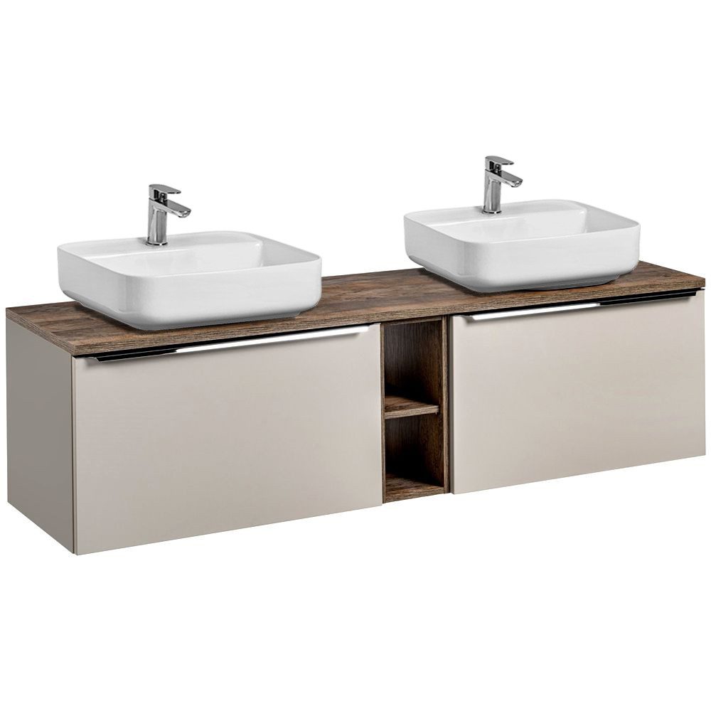 Lomadox Badmöbel-Set PUEBLA-56-TAUPE, (Spar-Set, 6-St., Unterschrank Waschbecken Waschbeckenschränke), taupe mit Vintage Oak 2 Keramik-Waschbecken 180,4/62,5/46 cm